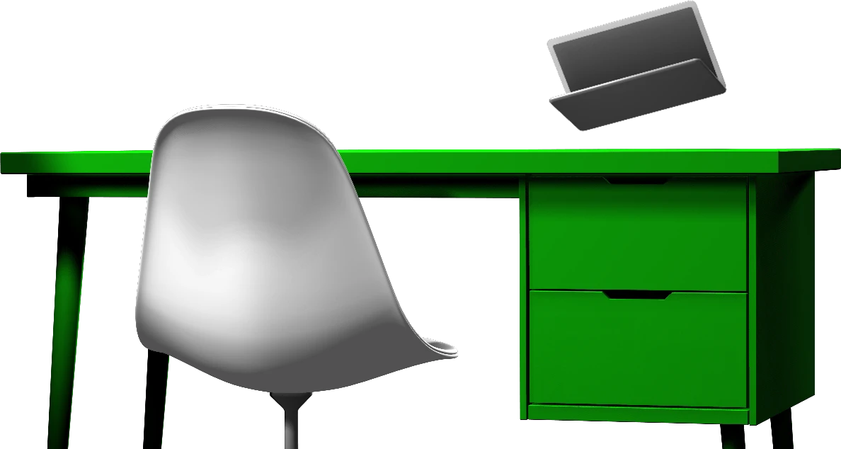 A green office desk, white chair, and silver laptop