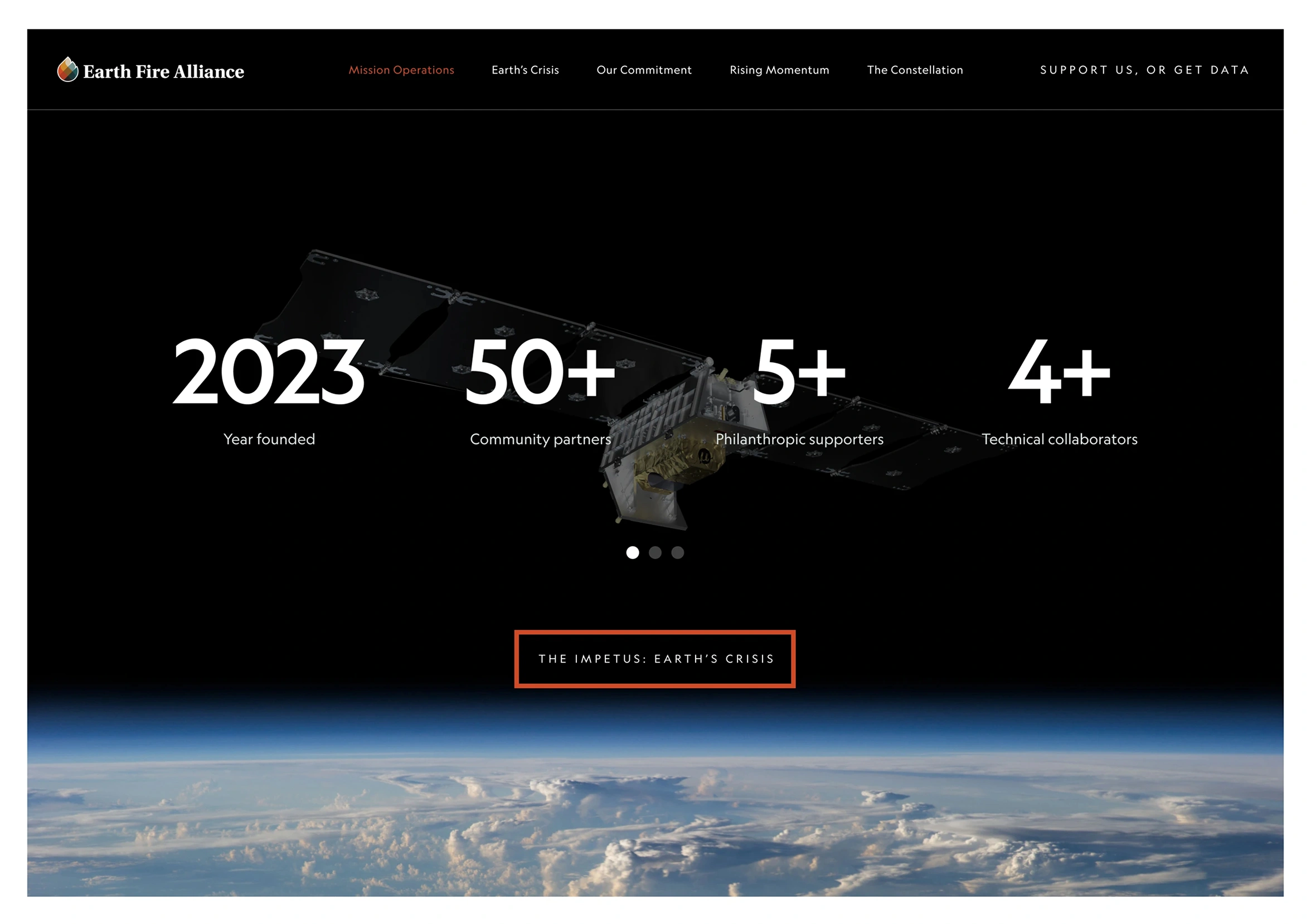 Desktop web design showcasing key project milestones and impact metrics using a clean, modern aesthetic with space-themed orbital imagery.