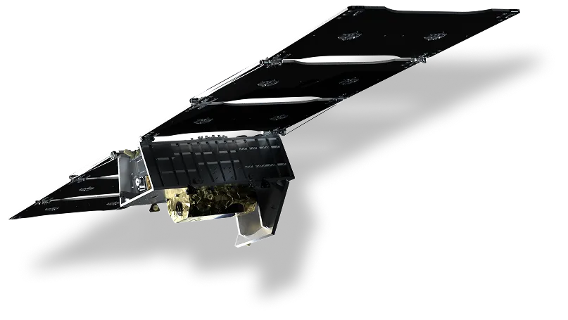 Satellite with extended solar panels and a gold-colored component at the base.