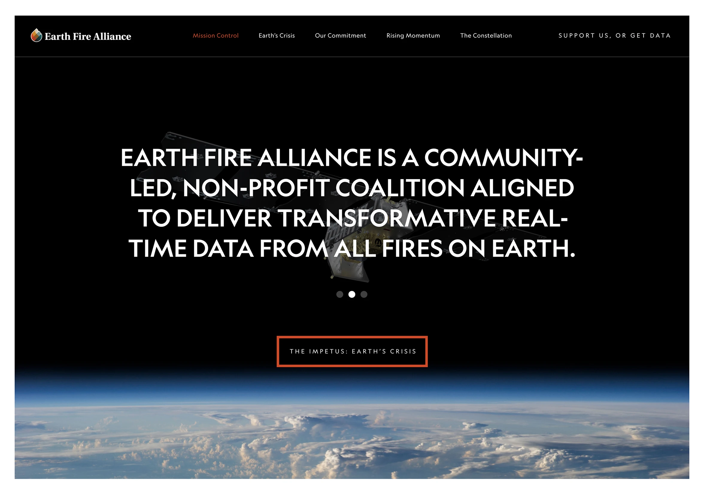 High-fidelity web design featuring bold typography and mission-driven copy overlaid on satellite imagery, emphasizing brand identity and technical authority.