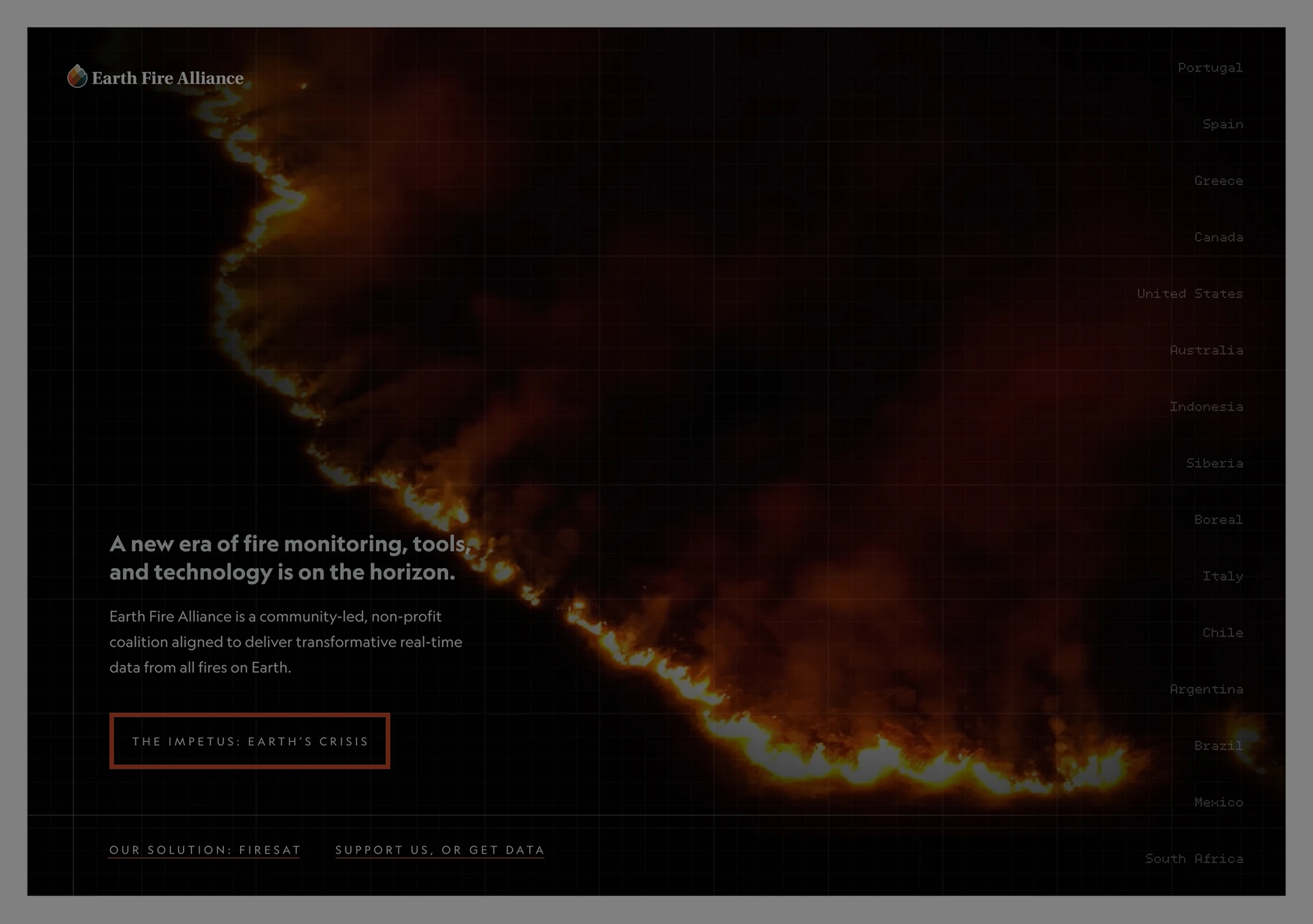 Dark-themed hero section with a high-impact wildfire visualization, demonstrating strategic storytelling and emotional narrative for an investor-facing website.