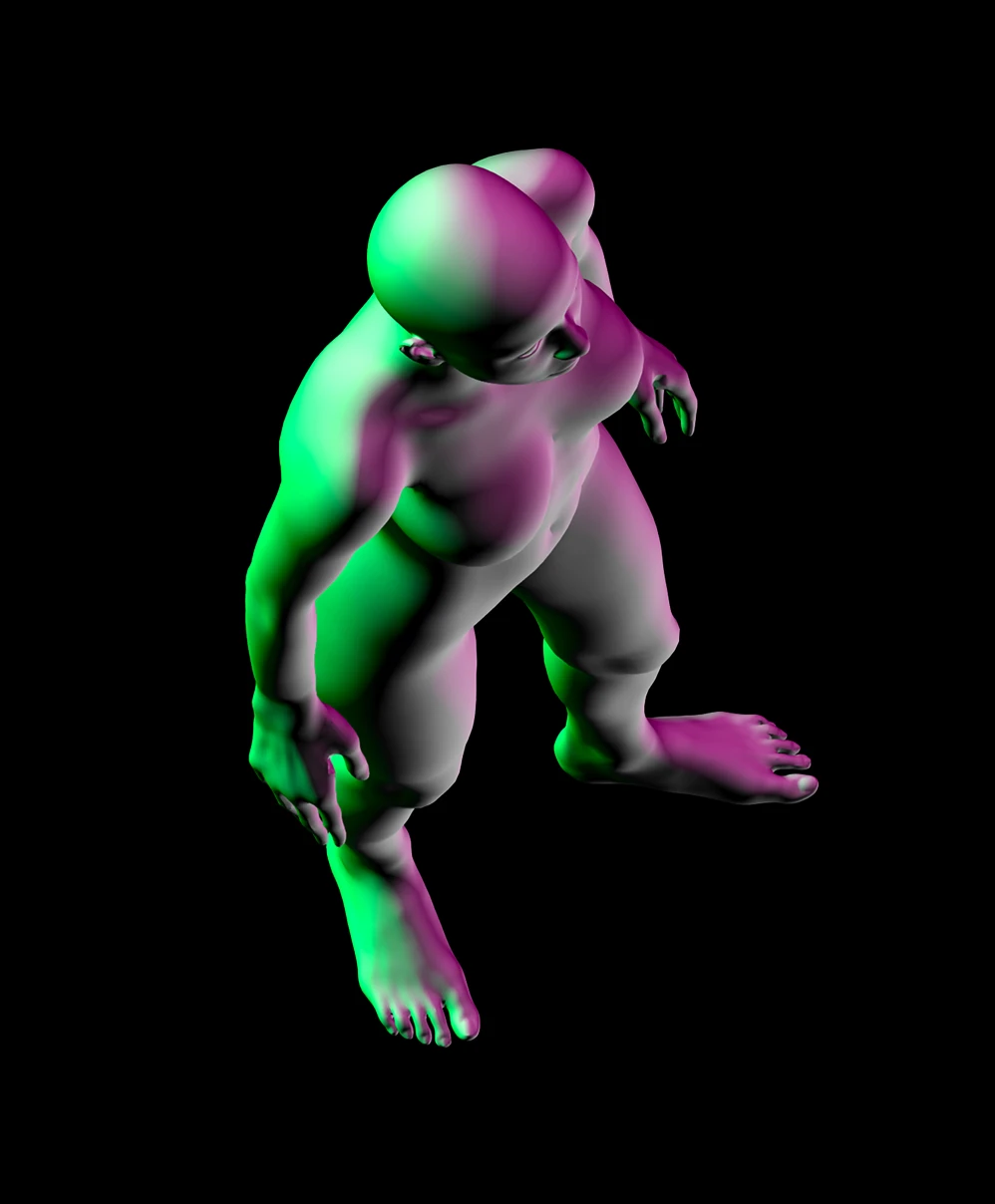 3D female figure isometric view with split lighting.