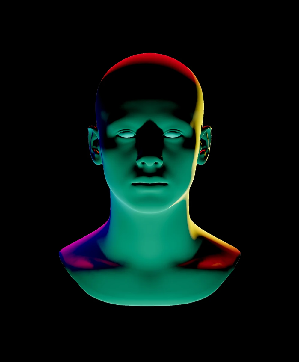 3D green and red lit mannequin head and neck on black background.