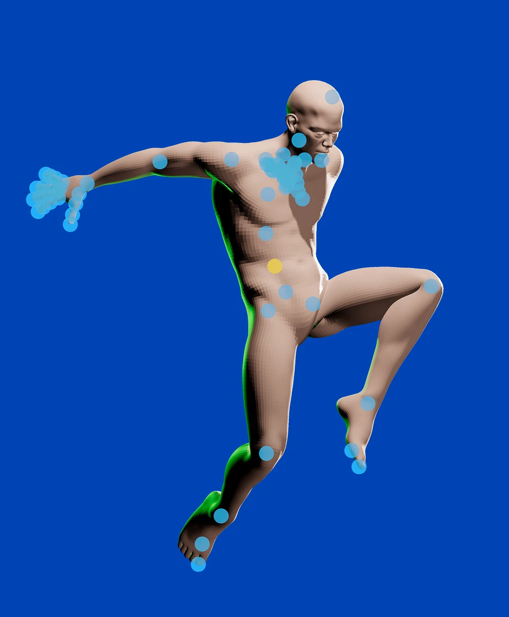 3D human figure in dynamic pose covered with blue and one yellow marker dots on a solid blue background.
