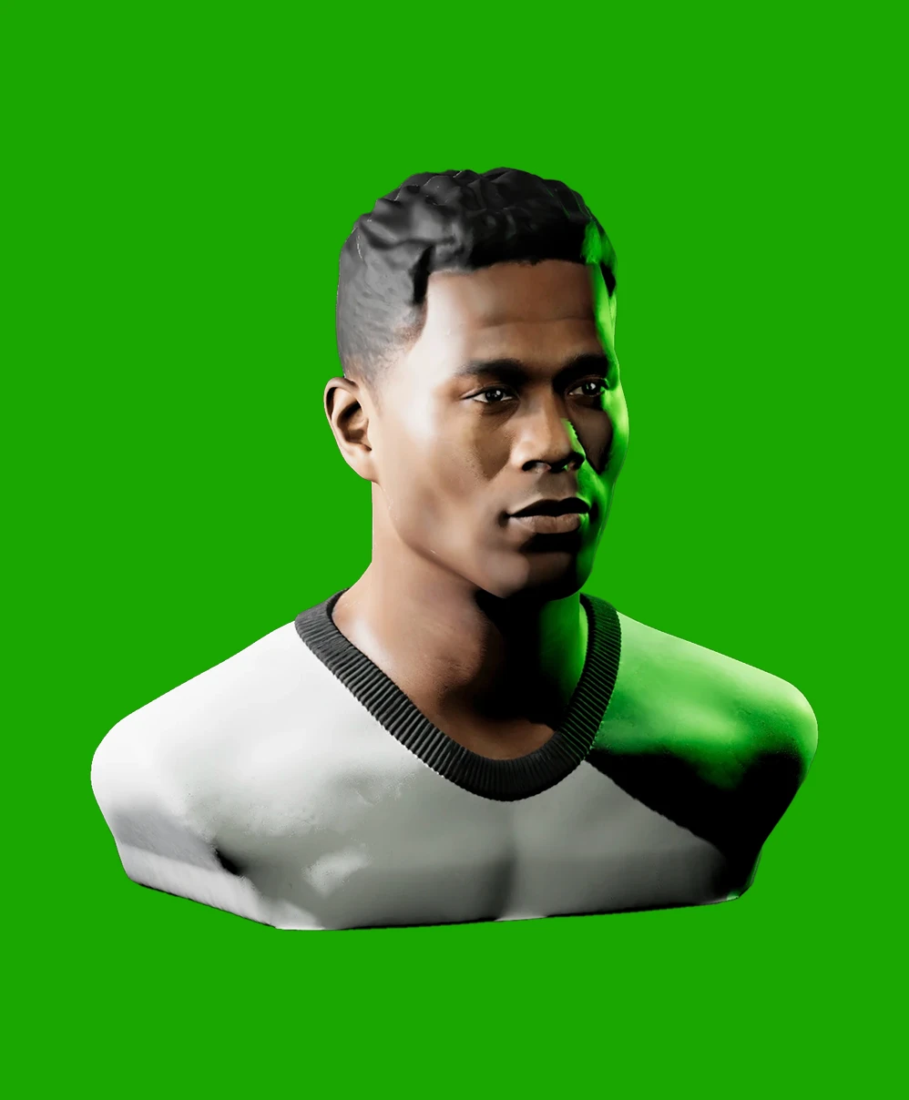 3D rendering of a young man with short hair wearing a white and black shirt against a green background.