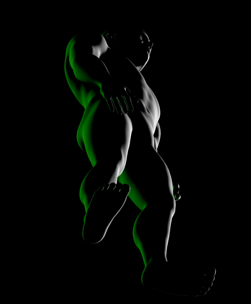 Backlit male figure viewed from below with chiaroscuro lighting and green accent highlights against a black background.