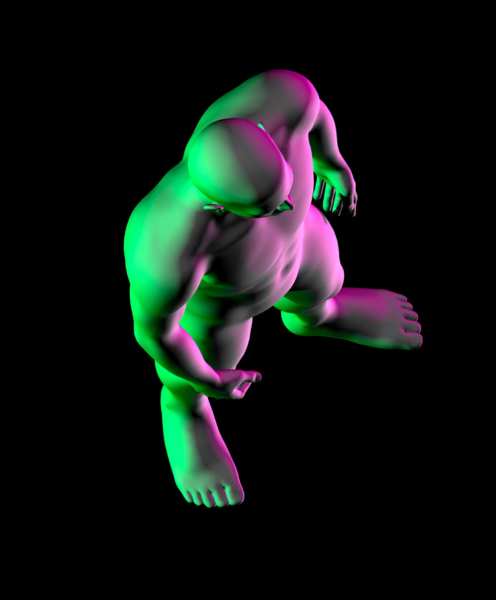 3D male figure isometric view with split lighting.