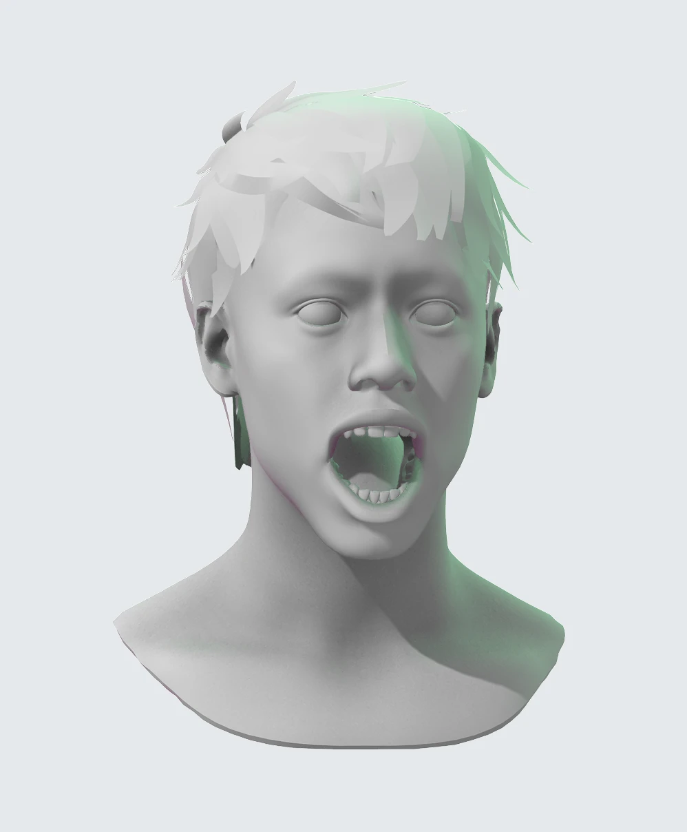 A person with mouth and eyes wide open making a scared expression while depicting the Rembrandt lighting technique.