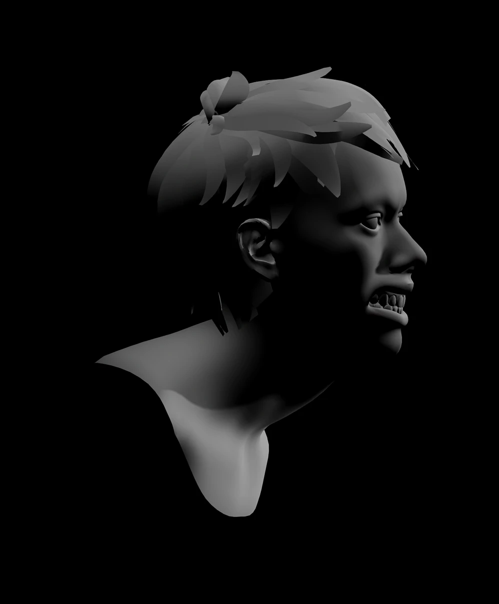 Side profile of a person angrily leaning forward with teeth clenched and dramatic rim lighting.