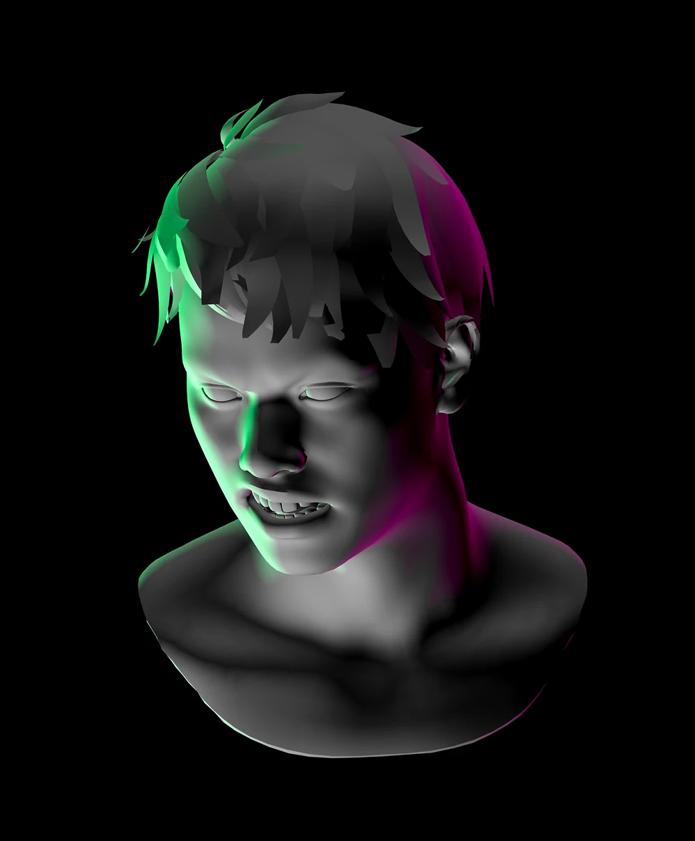 Bust of a person lit by three-point lighting using green, magenta, and white light set against a black background.