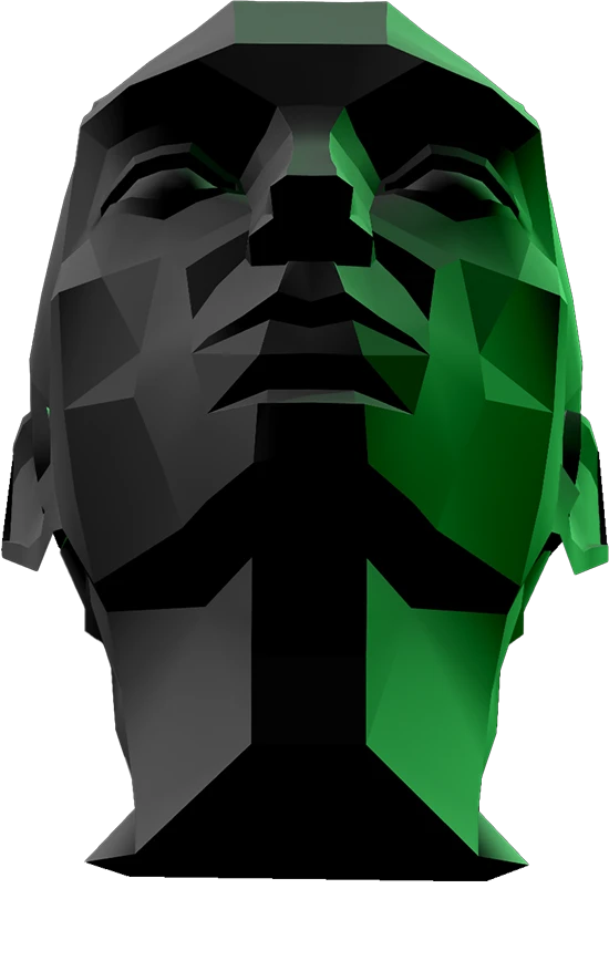 Low-poly 3D rendering of a human head with black and green shading viewed from below.