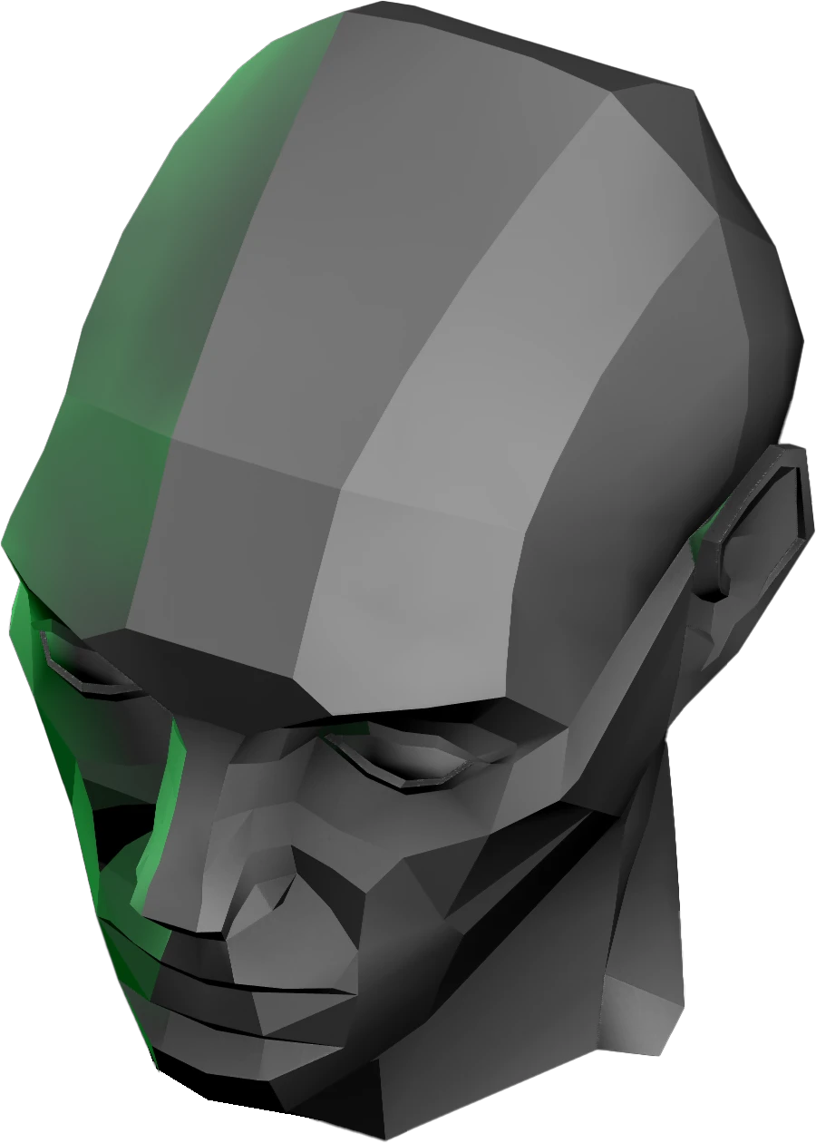 3D low-poly gray and green human head model viewed from above and slightly to the side.
