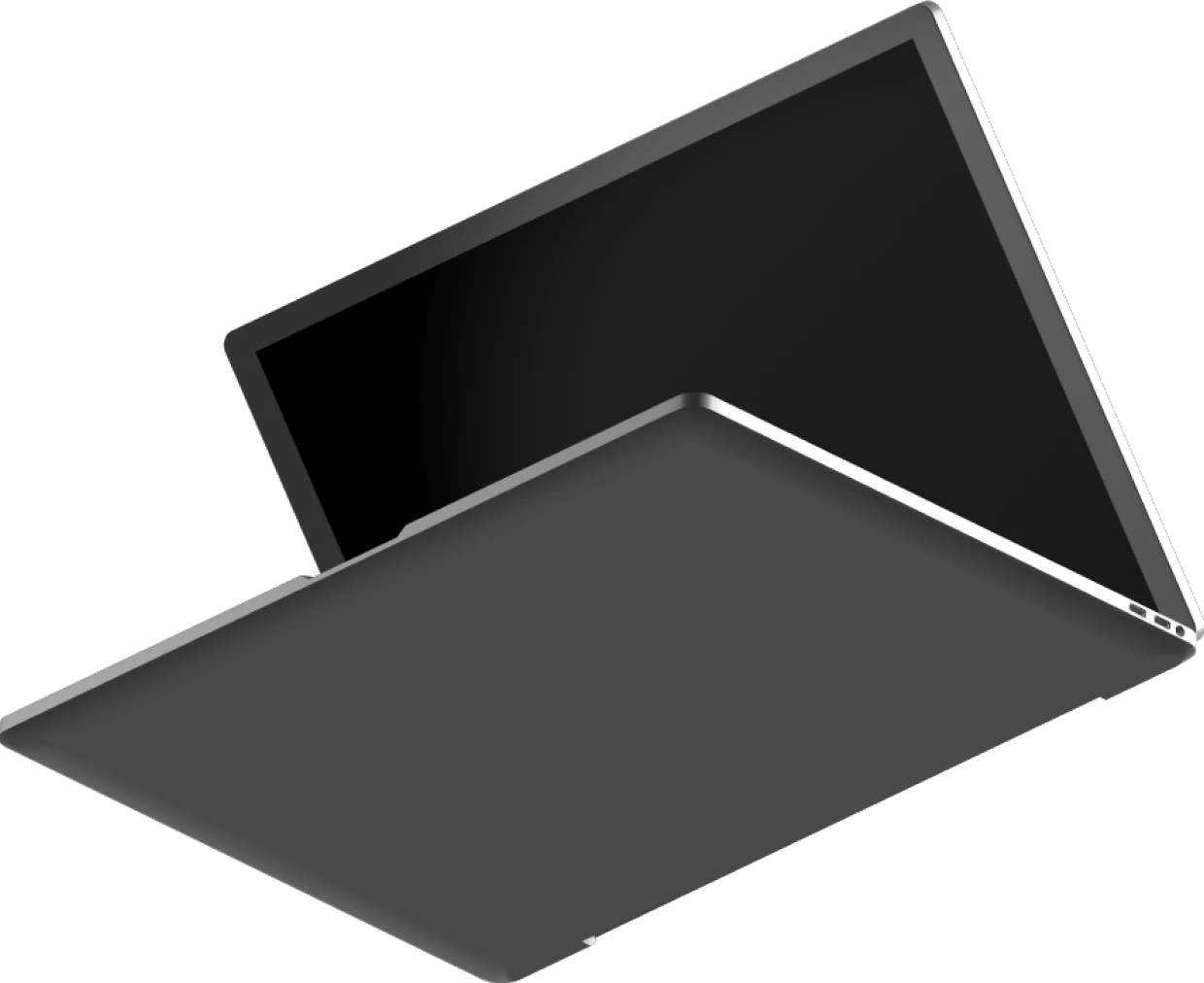 A detailed silver laptop with black screen
