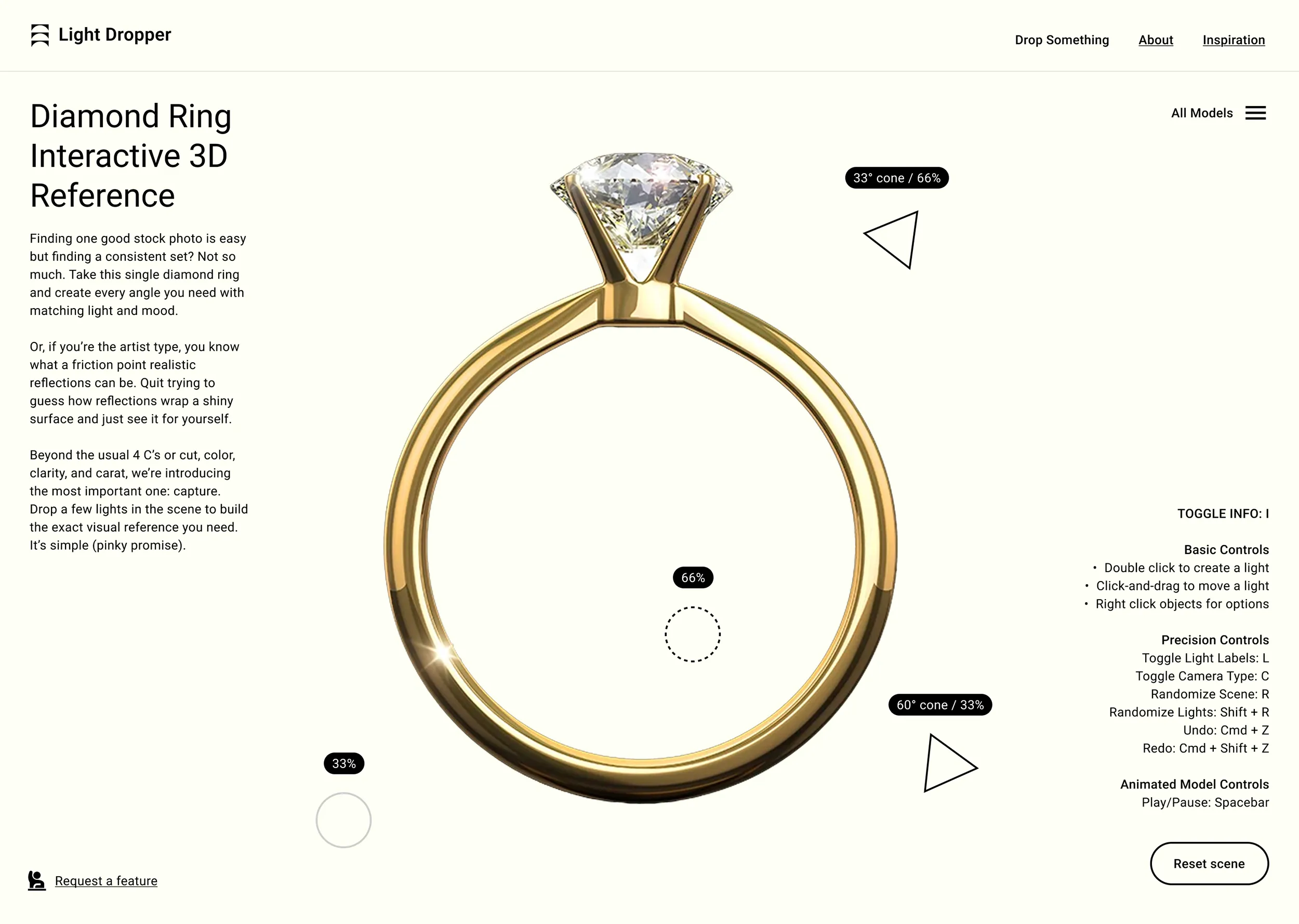 3D viewport of a gold diamond ring. UI markers demonstrate how marketers can use the tool to create professional product lighting and reflections for campaigns.