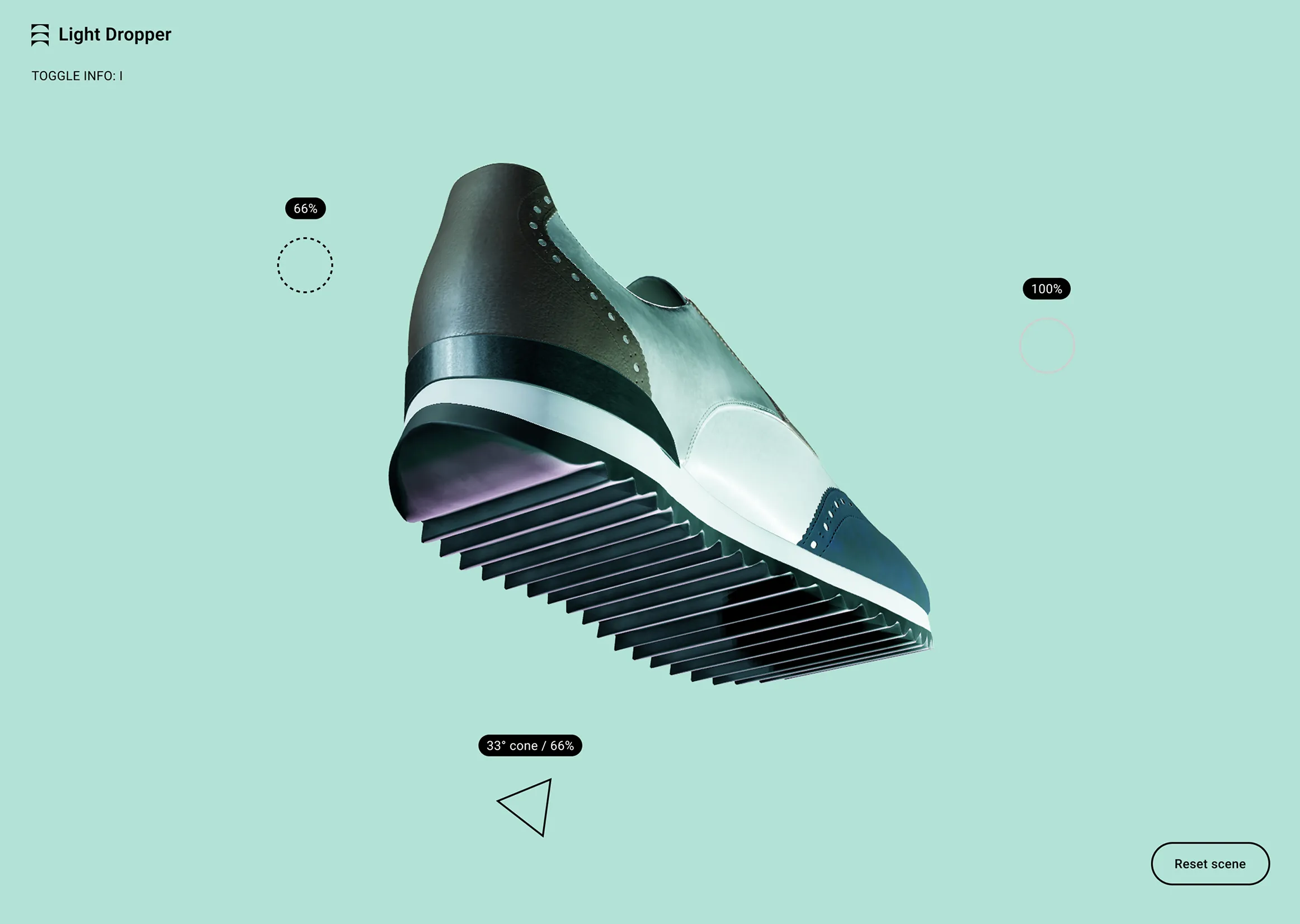 Modern sneaker with a layered ribbed sole, displayed against a light teal background with interface elements showing lighting and cone angle settings.
