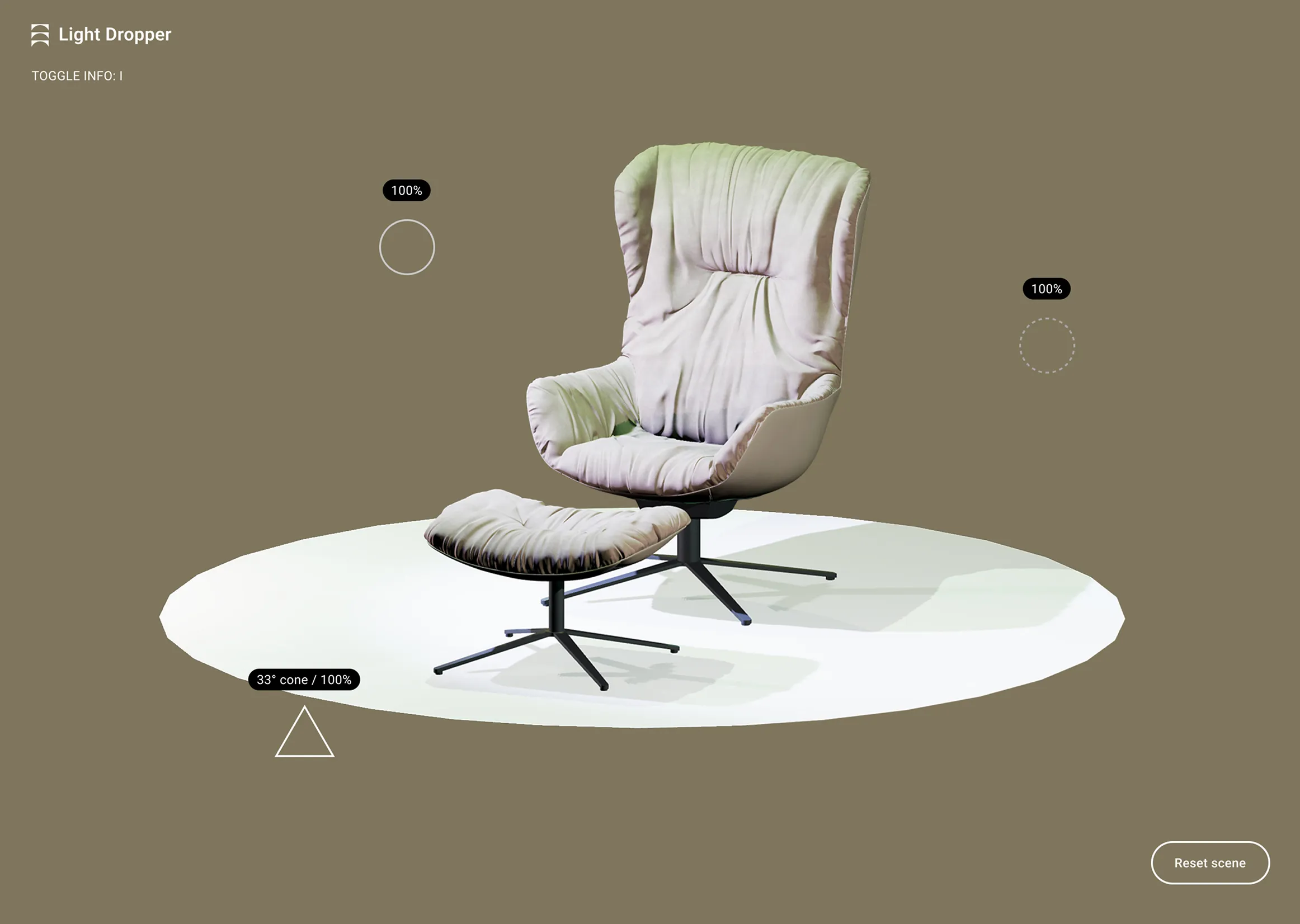 A 3D viewport of a modern lounge chair and ottoman. Interactive UI markers show three active light sources casting realistic highlights and shadows.