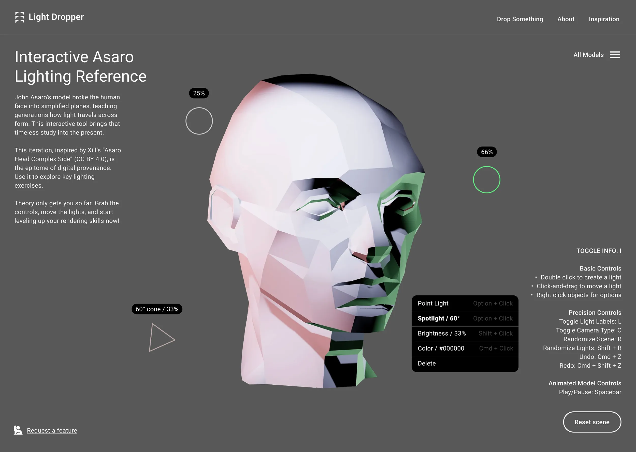 Interactive 3D low-poly human head model with adjustable lighting controls on a dark gray background and instructions for use.