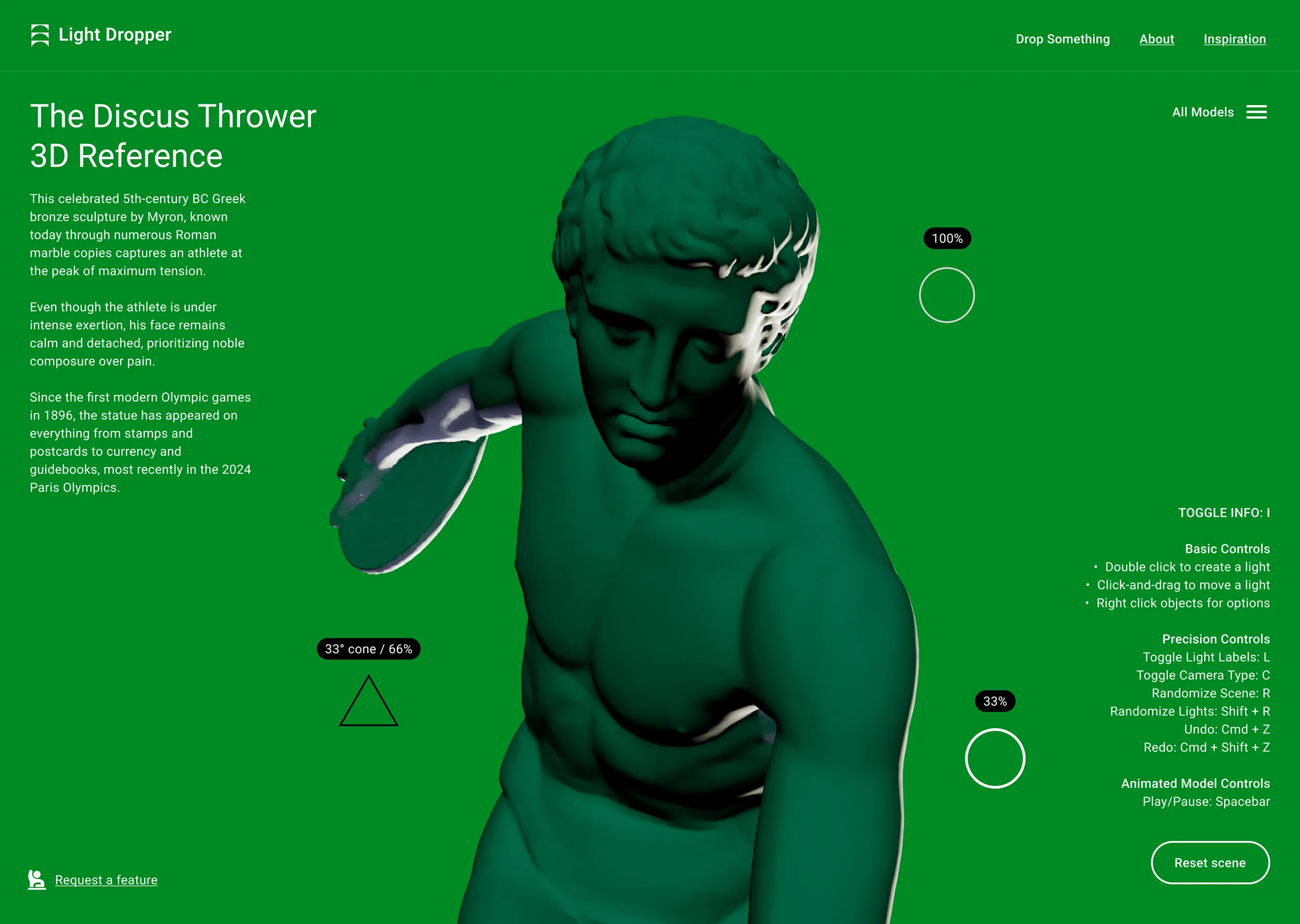User interface with the Discus Thrower sculpture against a green background.