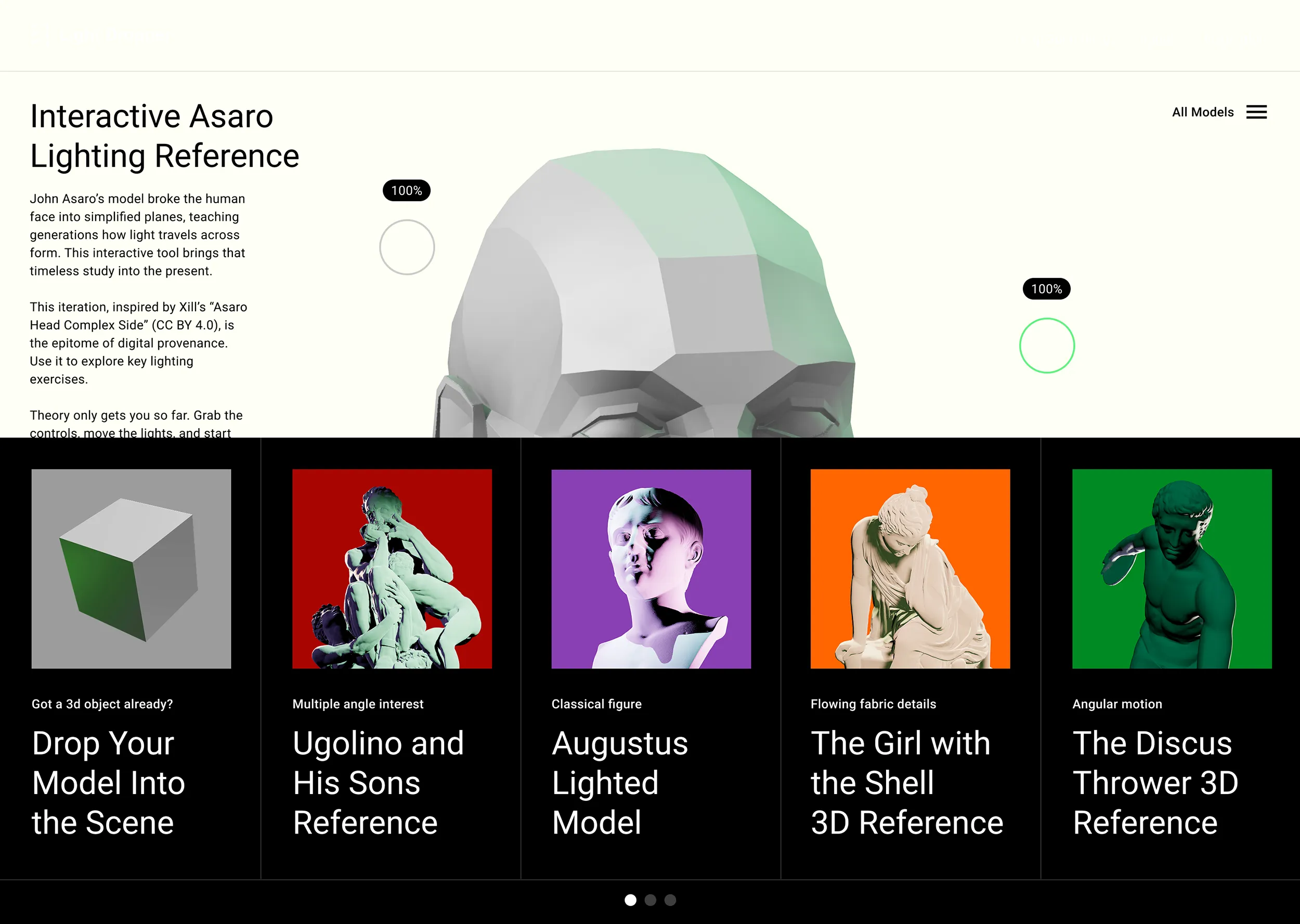 A grid of thumbnails in a dark drop down menu shows various sculptures with brightly colored background.