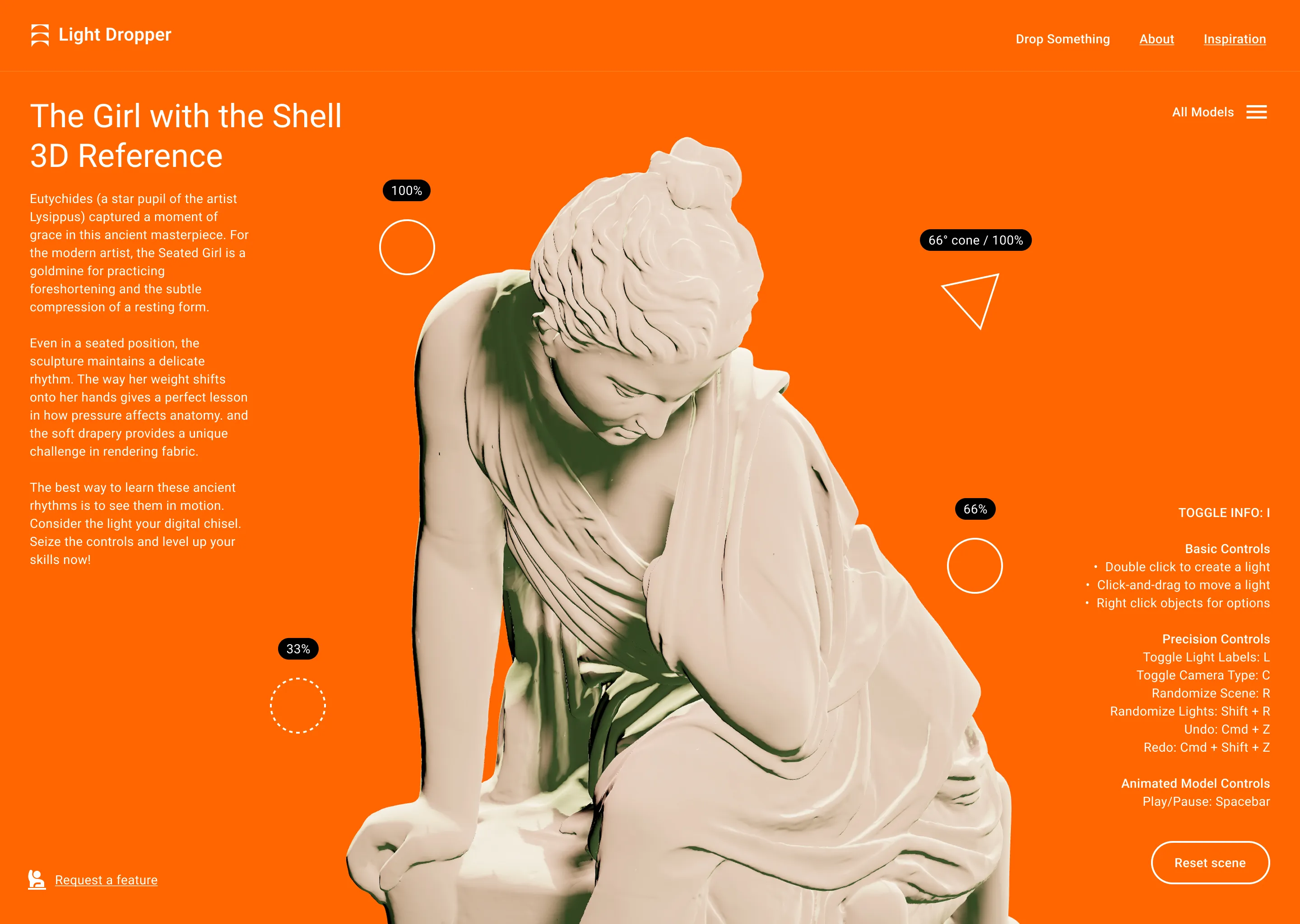 UI for a classical 3D sculpture reference on a vibrant orange background.