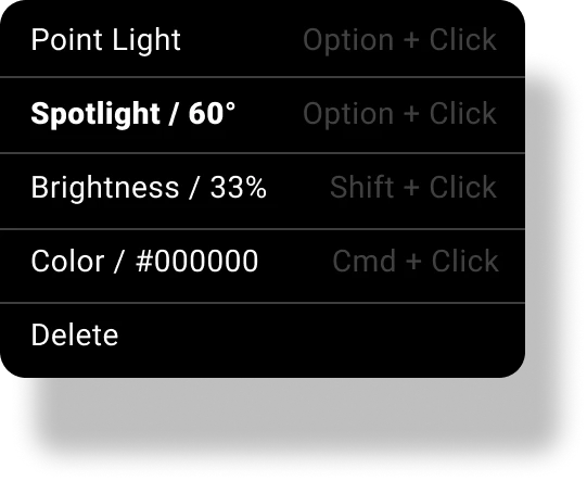 A dark-themed context menu showing settings for type, angle, brightness, and hex codes, each paired with mouse and keyboard shortcuts.