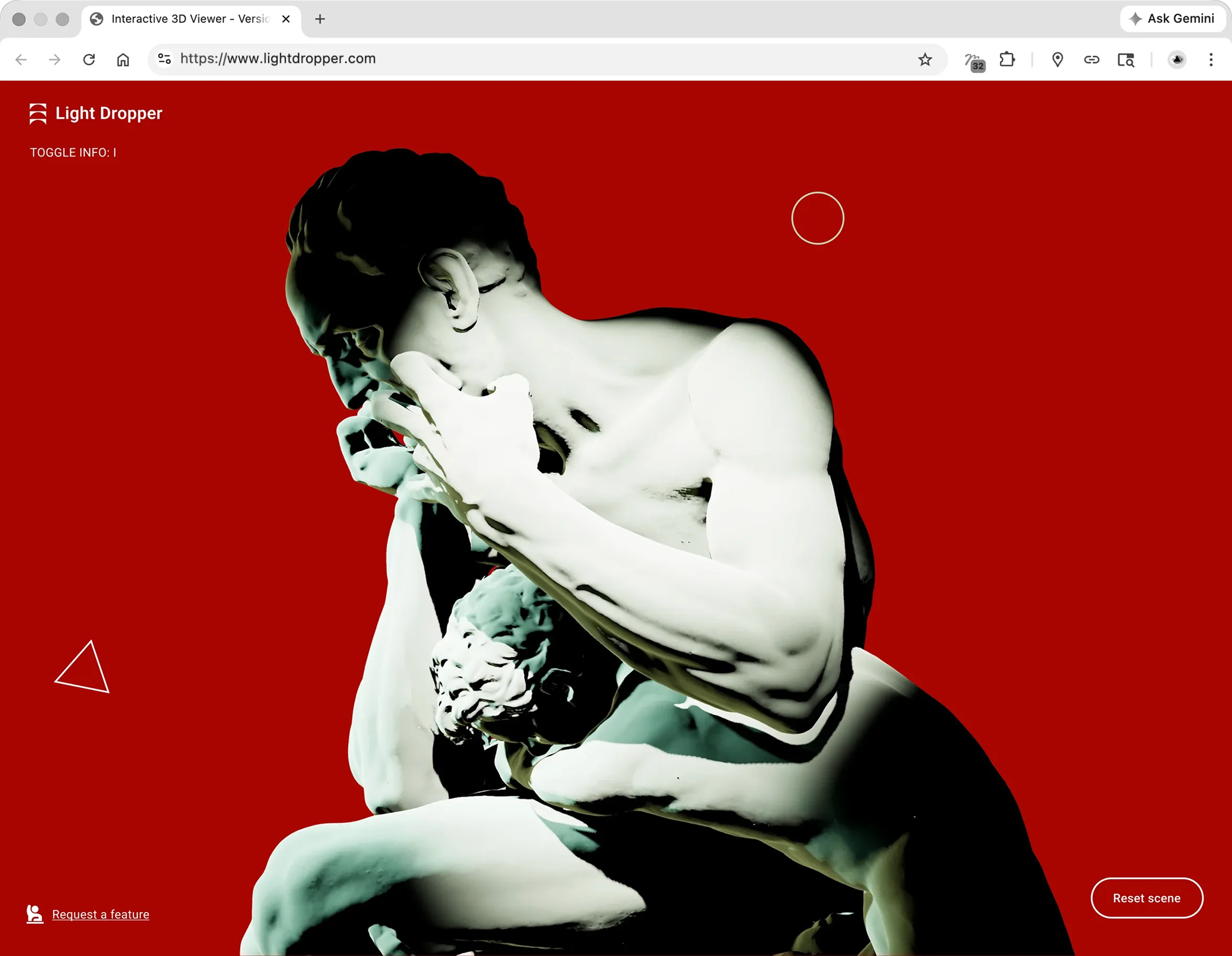 A desktop browser window running the 3D tool. It shows a starkly lit sculpture on red, proving complex 3D rendering is possible natively in-browser without downloads.