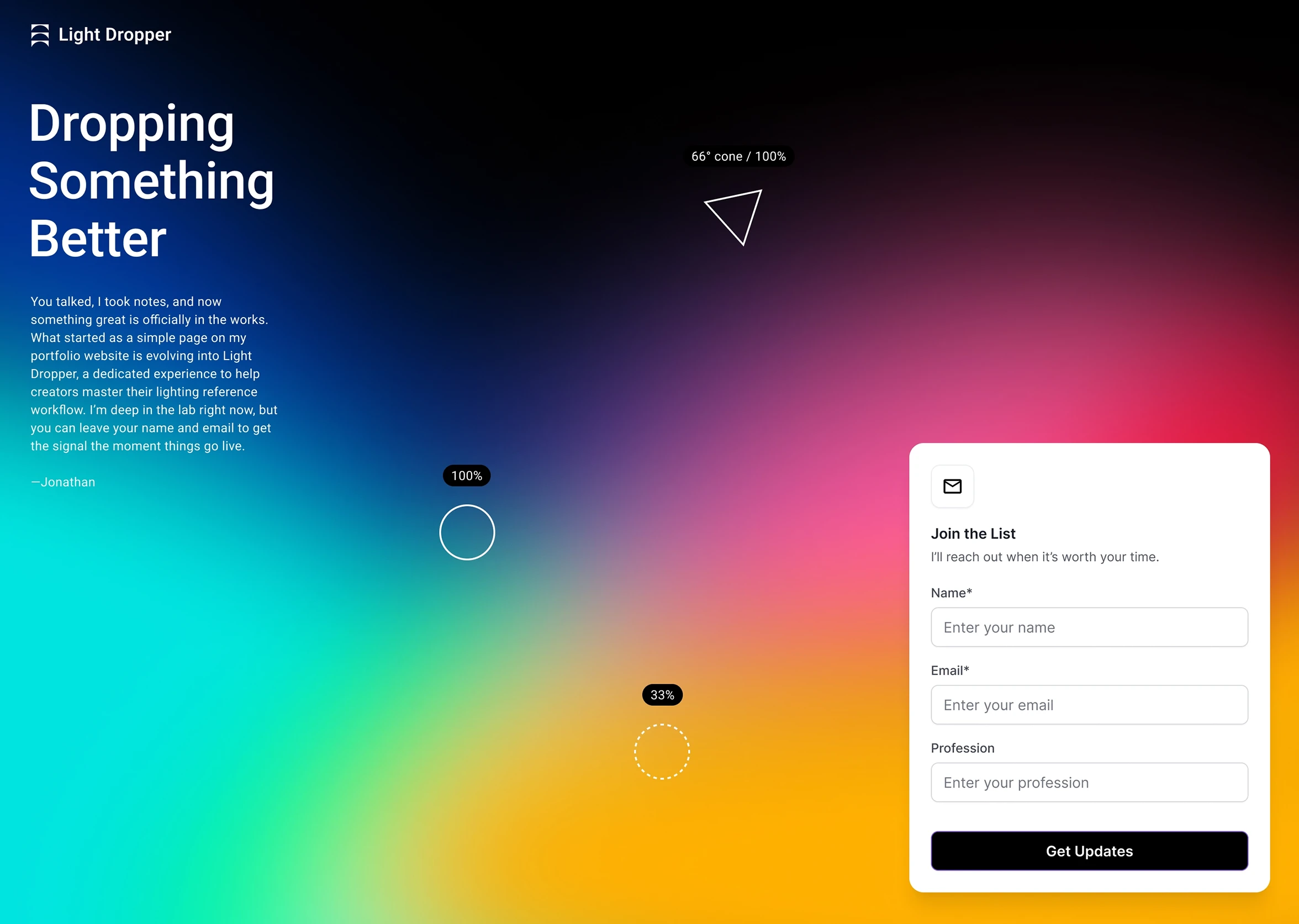 Coming soon page design with gradient background, text about the tool, geometric shapes, and a sign-up form for updates with name, email, and profession fields.