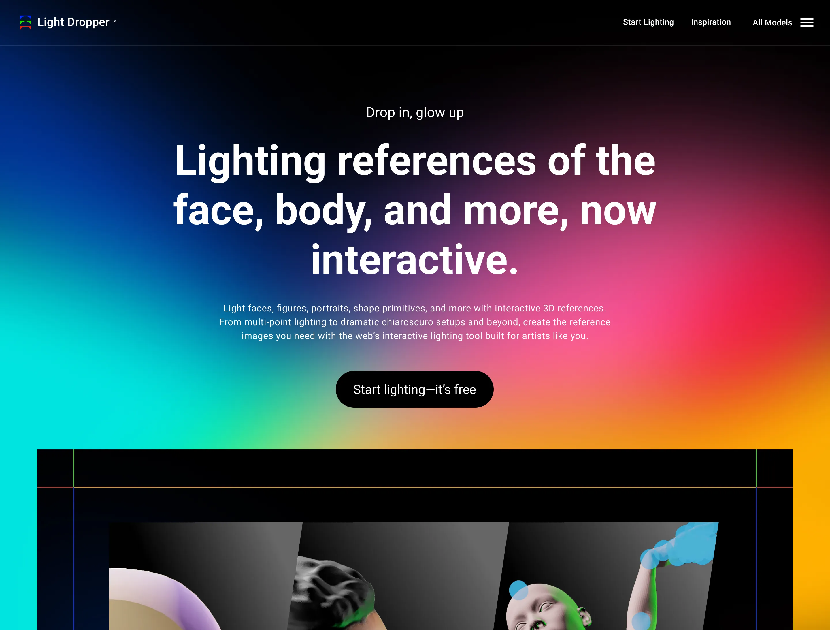 Website homepage with colorful gradient background promoting interactive lighting references for faces and bodies.
