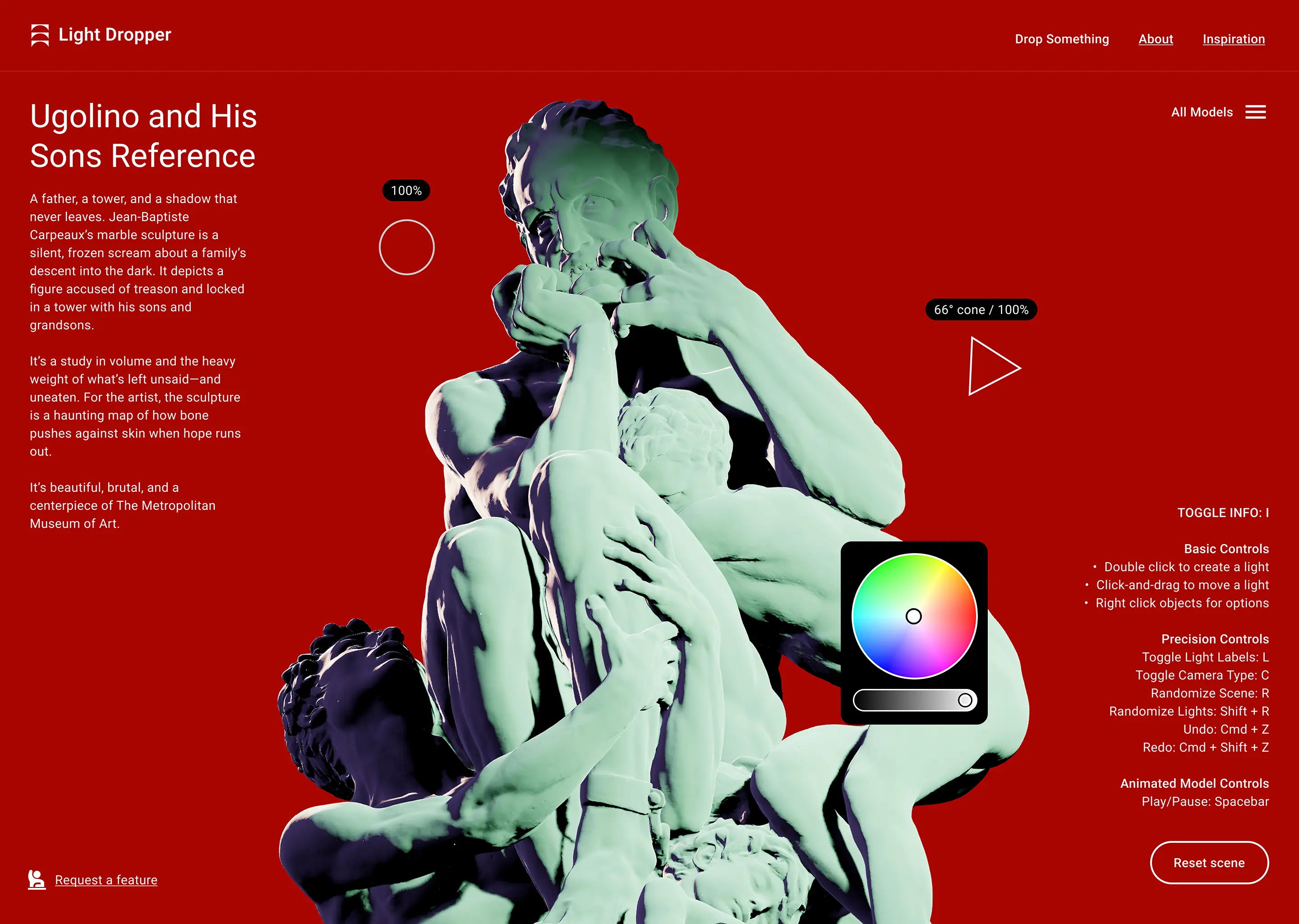 Interface for a 3D lighting tool featuring a teal-lit sculpture on red. Includes light intensity markers, a color picker, and a panel of precision keyboard shortcuts.