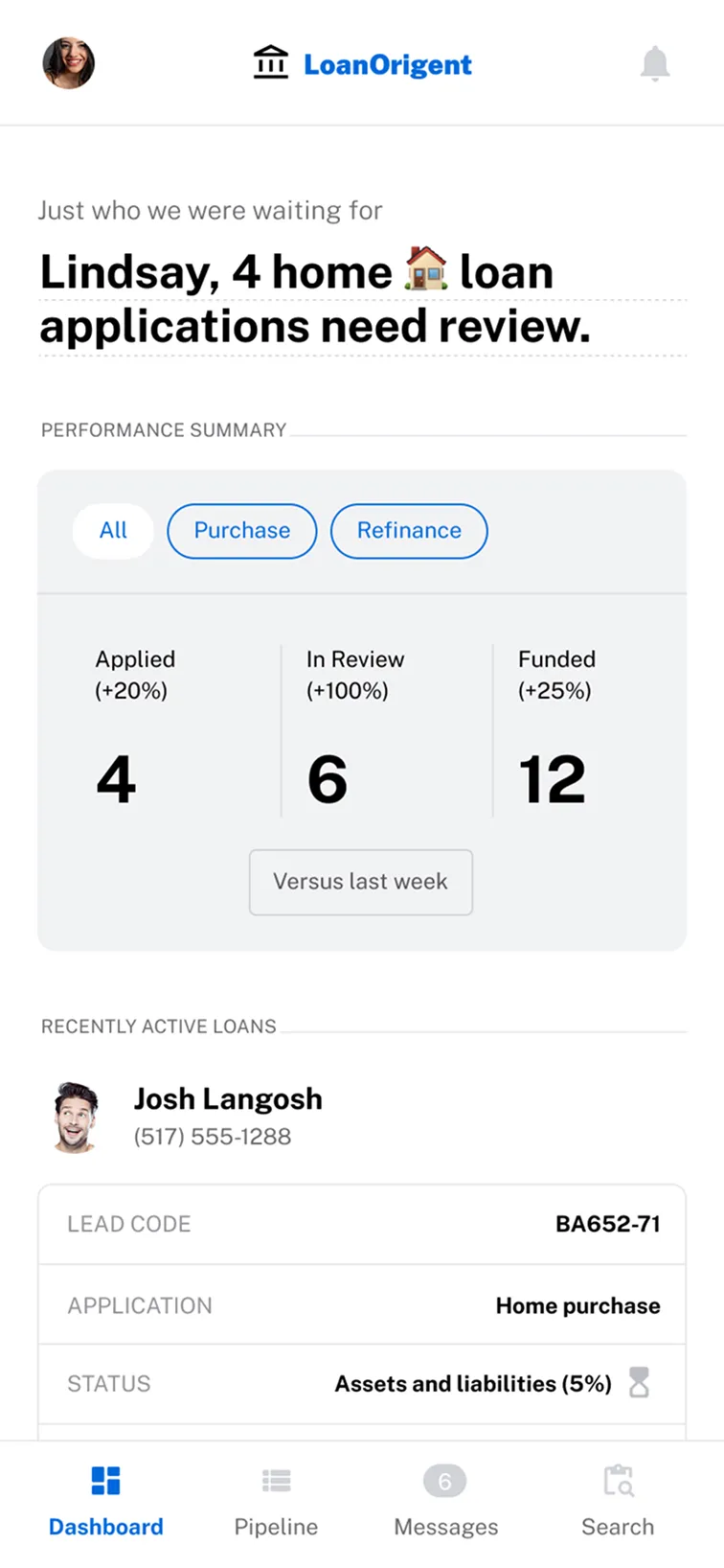 Mobile UI design of a Loan Officer dashboard featuring performance metrics, data visualization for active loans, and a bottom navigation bar for a financial CRM.