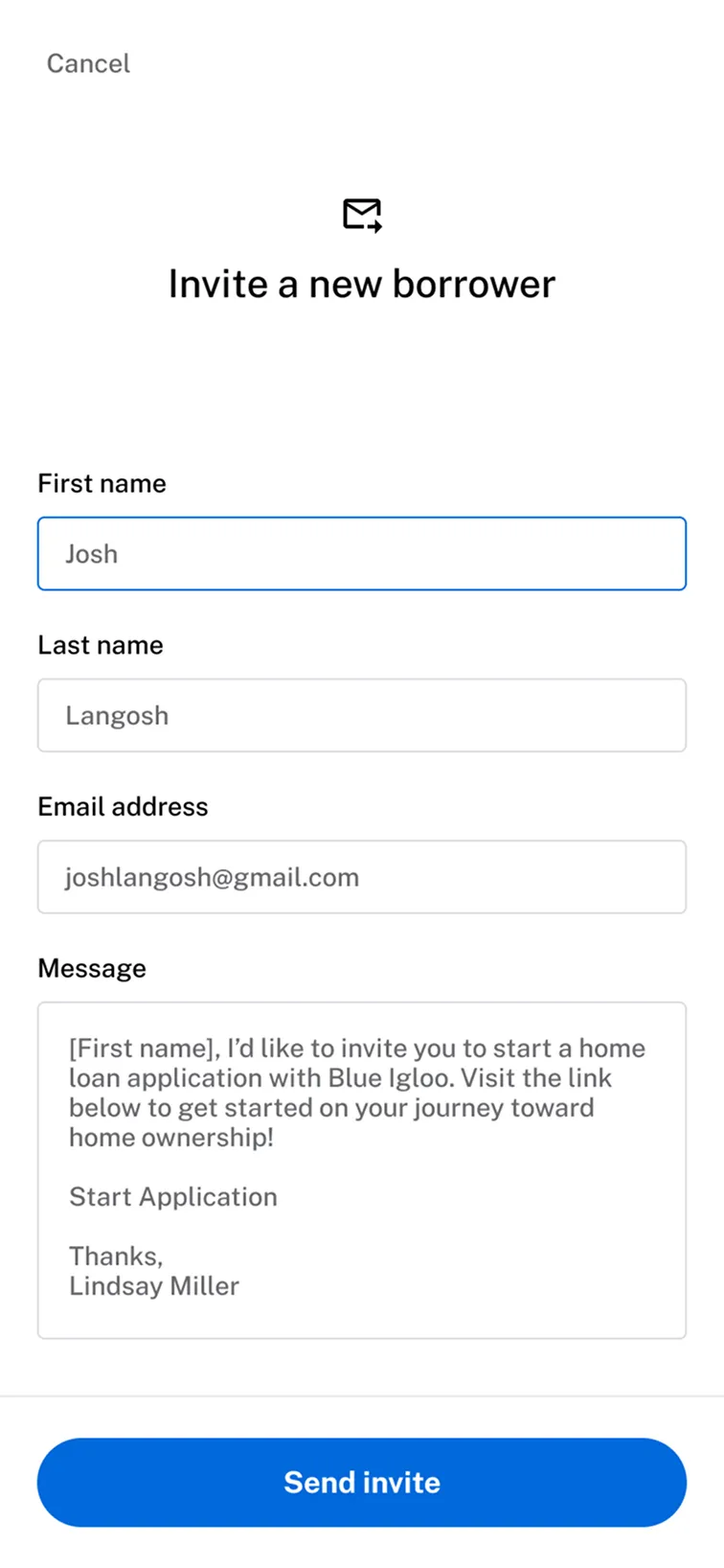 A clean mobile UI for inviting new borrowers. It features a simplified form for contact details and an editable template for personalized home loan invitations.