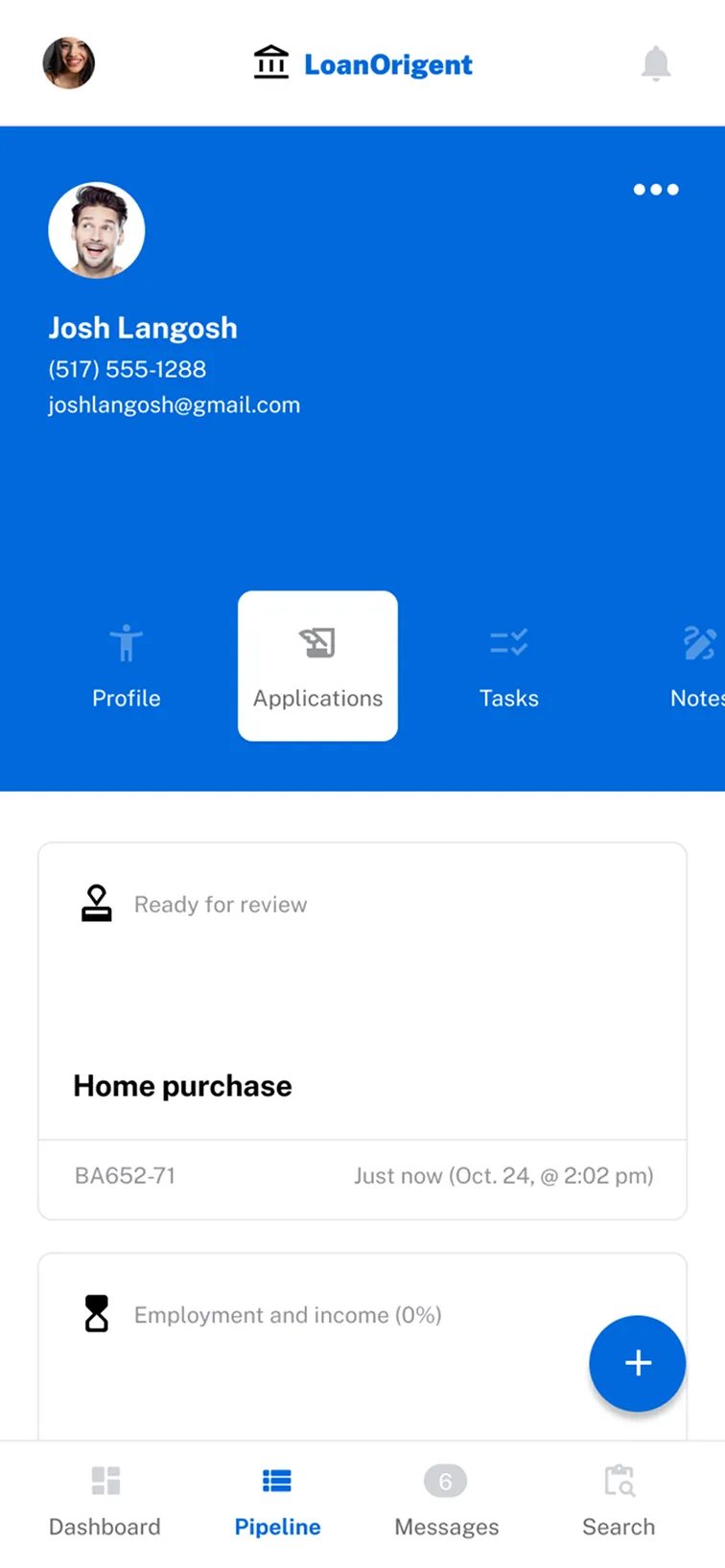 Detailed user profile view in a mobile CRM, showing a tabbed interface for applications and tasks, emphasizing information architecture and visual hierarchy.