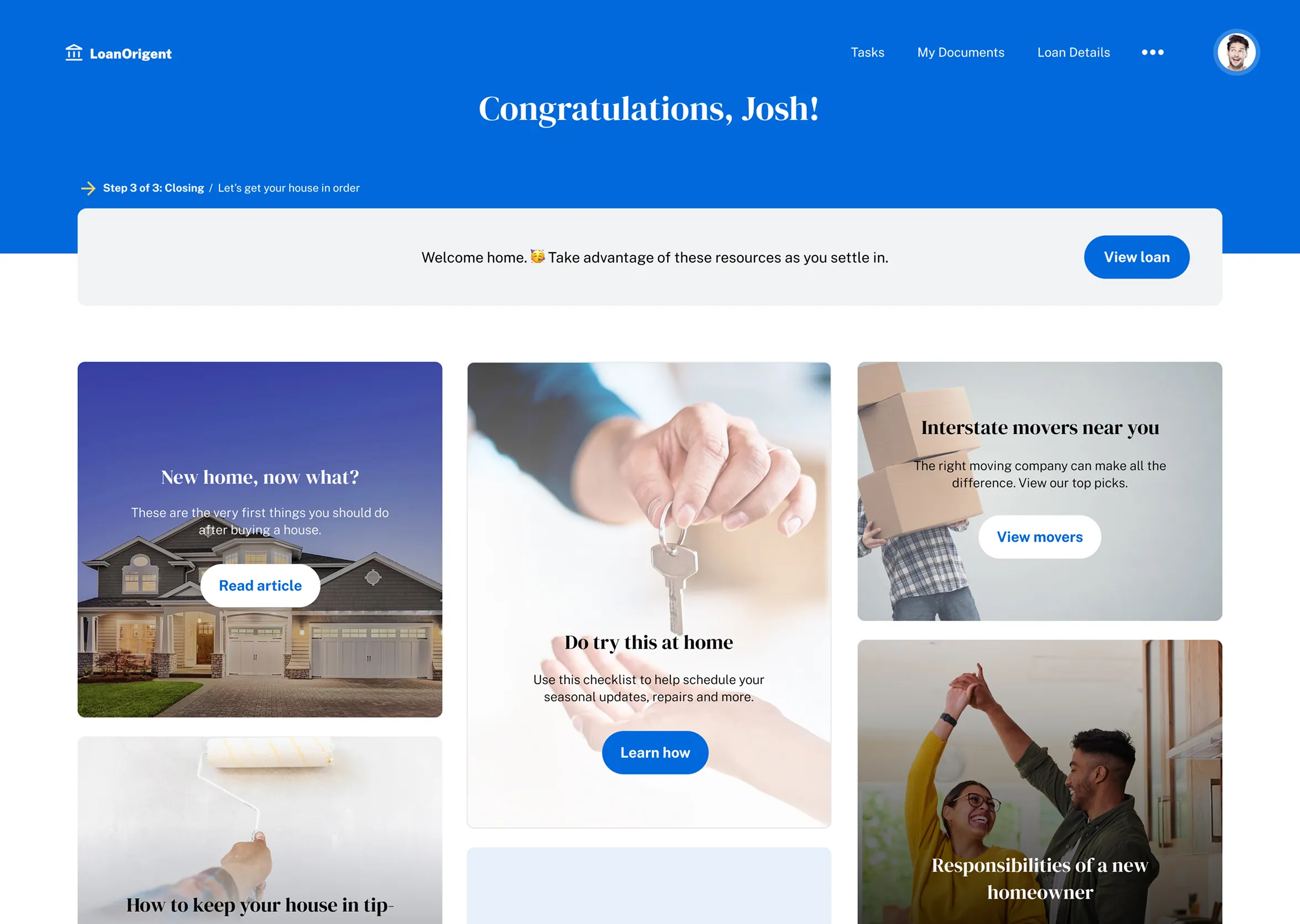 Desktop UI for a borrower closing milestone, featuring a responsive bento-style card layout with educational resources and homeowner support services.