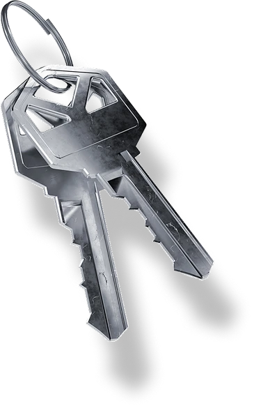 Two silver metal house keys on a keyring casting a shadow on a white background.
