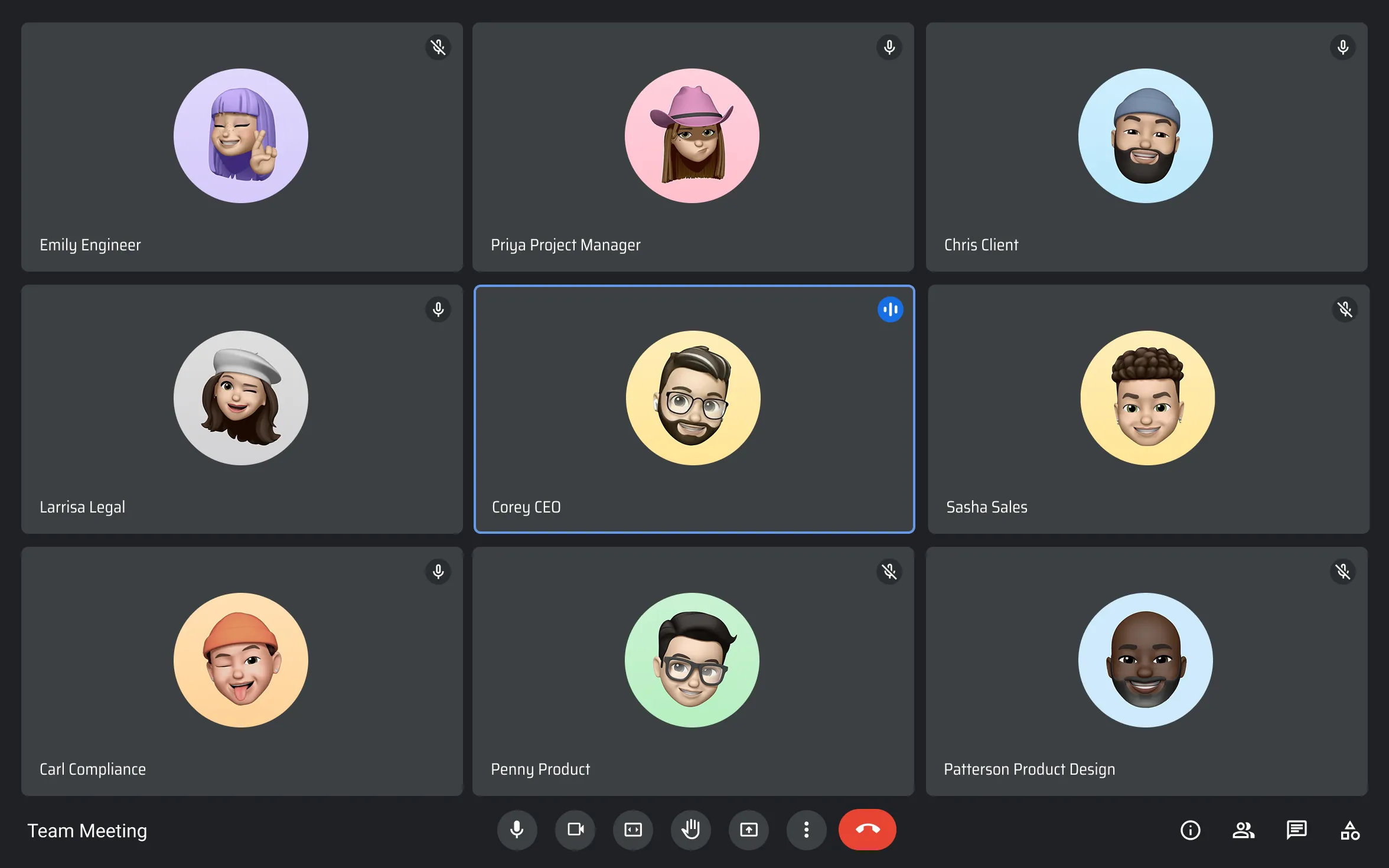 Video call grid showing nine animated avatars with names and roles, including CEO, Project Manager, Engineer, Sales, Legal, Compliance, Product, Client, and Product Design.