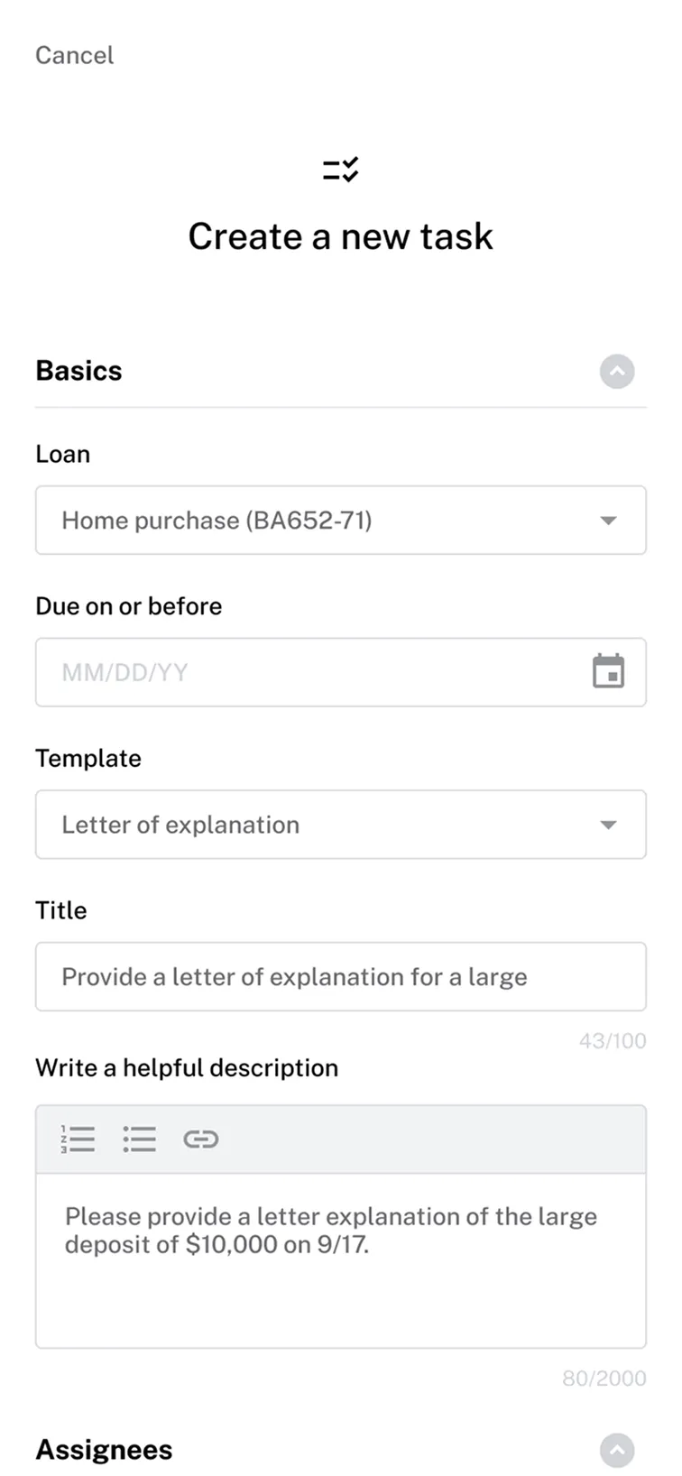 High-fidelity form design for creating a new task, featuring logical grouping, drop-down menus, date pickers, and a rich text description field for clarity.