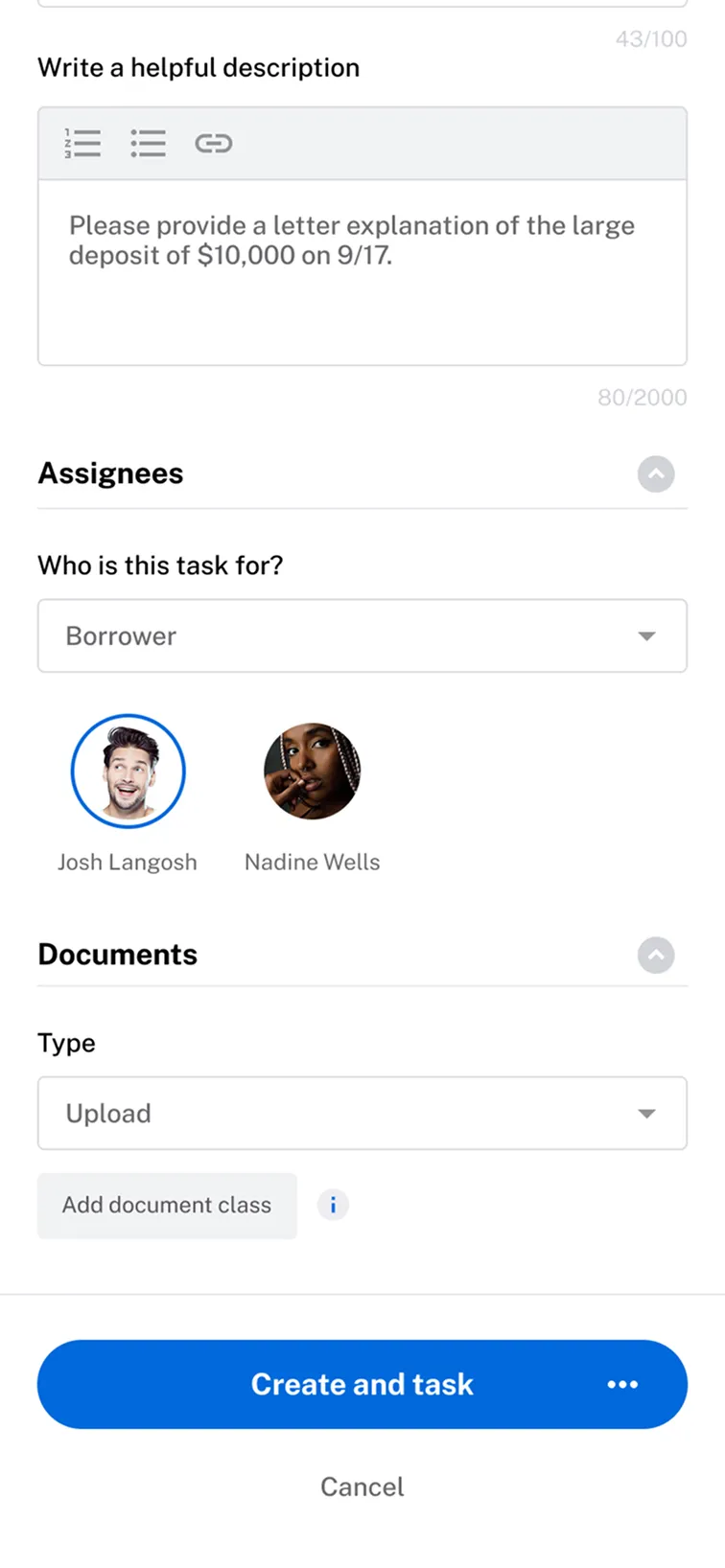 UI design for a task creation flow in a financial CRM, featuring rich text editing, user assignment with avatars, and document upload categorization for borrowers.