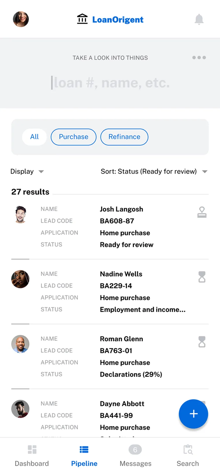 Mobile UI for a loan pipeline, showcasing list-based information architecture with search filtering, status indicators, and borrower lead tracking for a CRM.