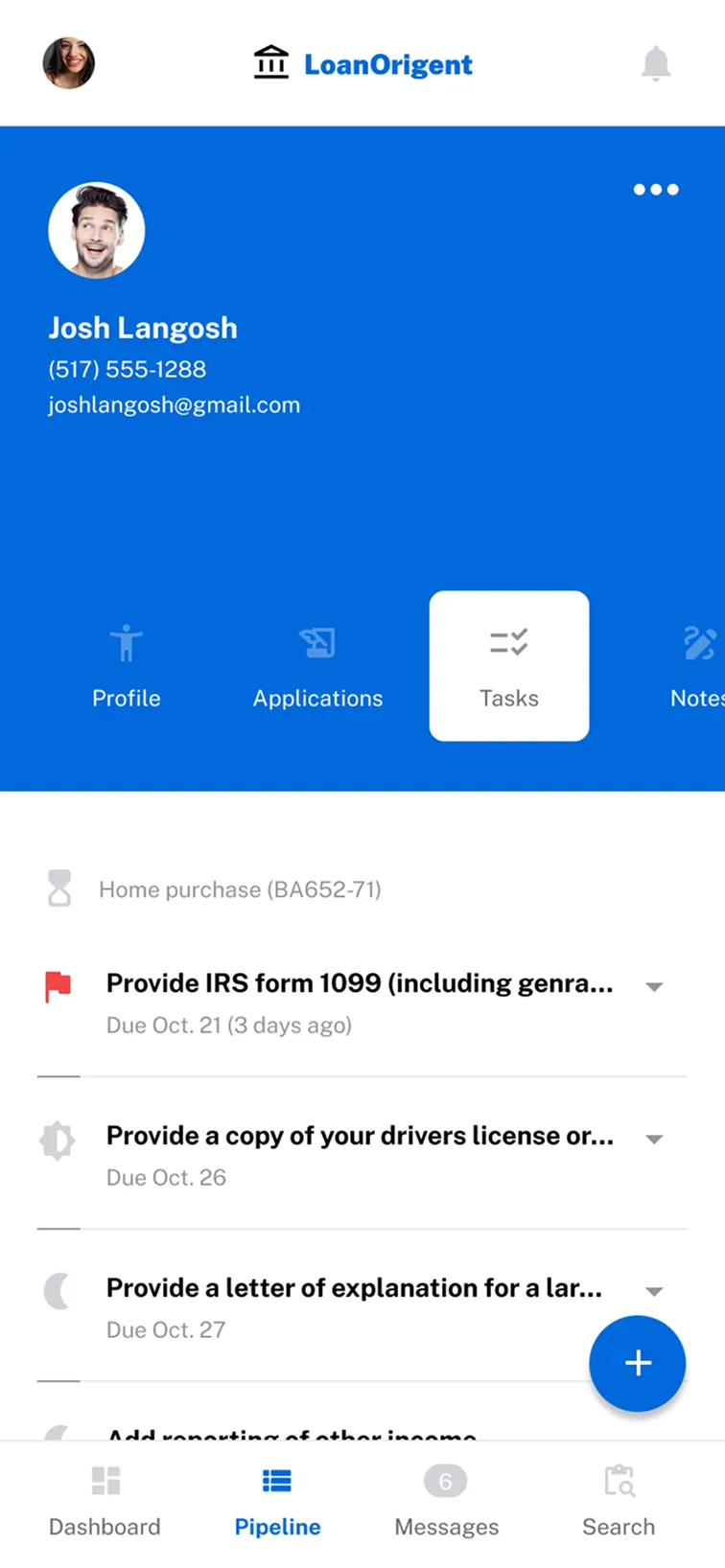 Mobile view of a borrower's specific task list, demonstrating clear visual hierarchy and status icons to prioritize document collection and action items.