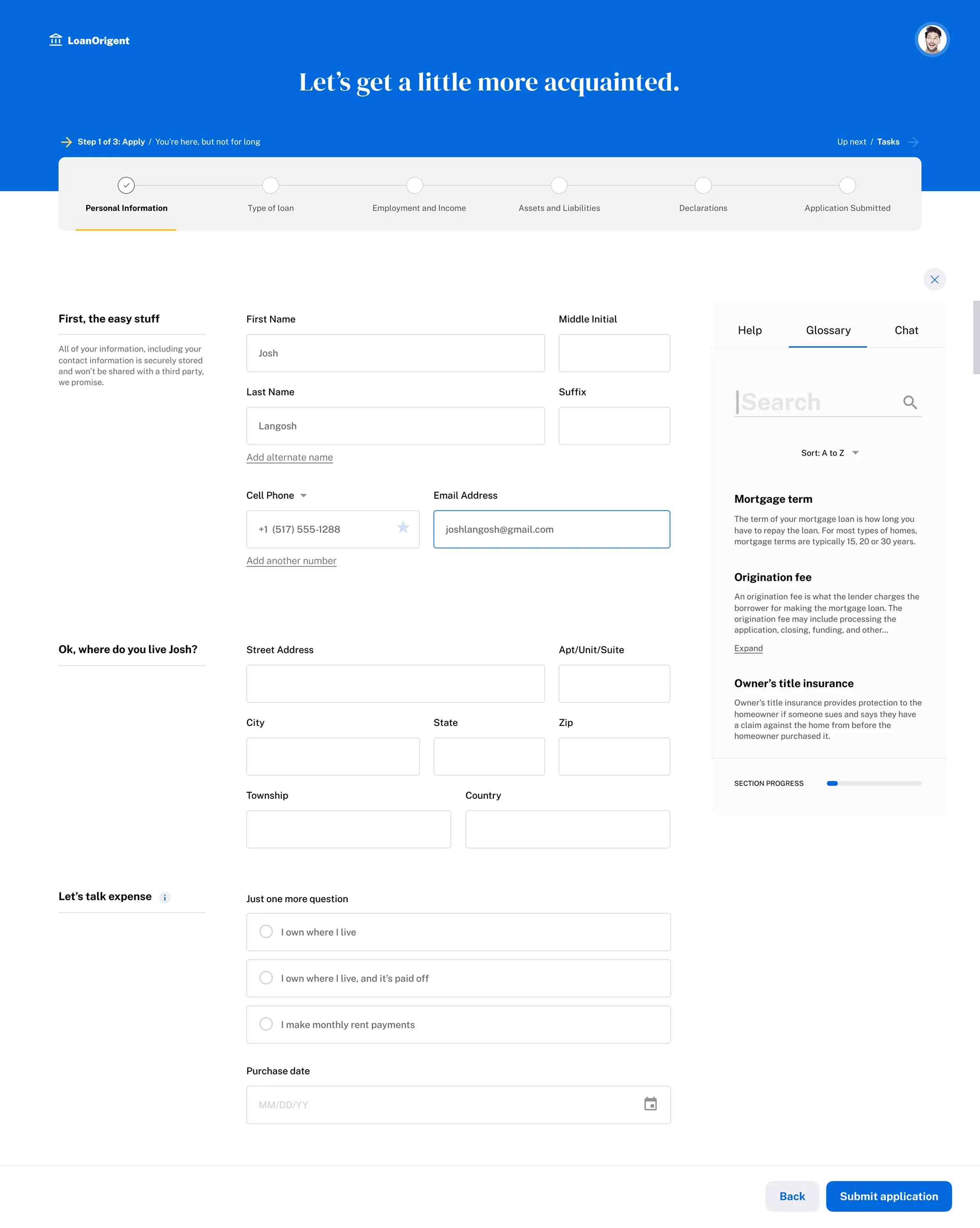 Desktop UI of a multi-step mortgage application featuring a stepper progress bar, accessible form fields, and an integrated sidebar glossary for user support.