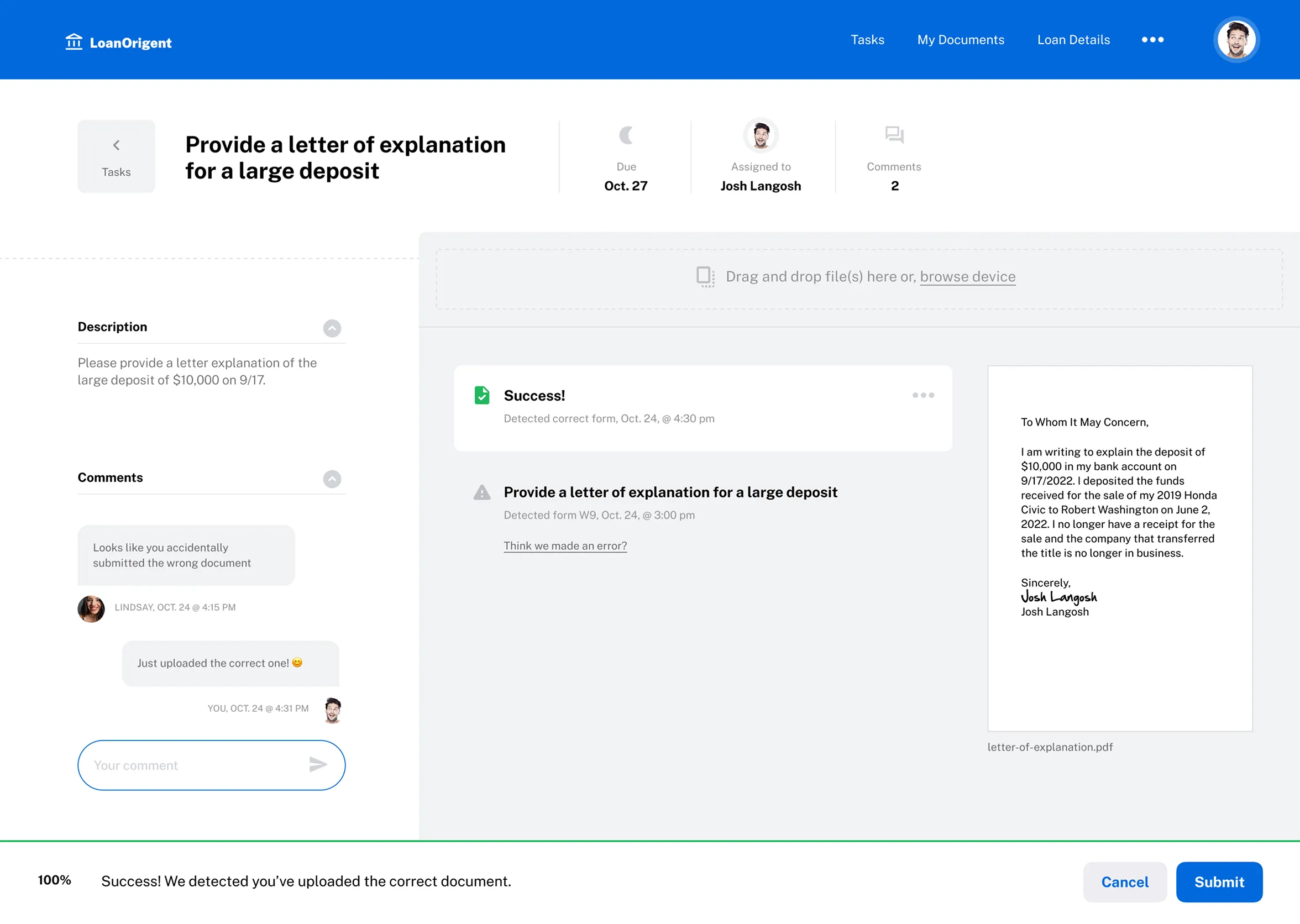 Desktop interface for document management, featuring a split-screen view with a chat sidebar for real-time collaboration and a PDF viewer for document verification.