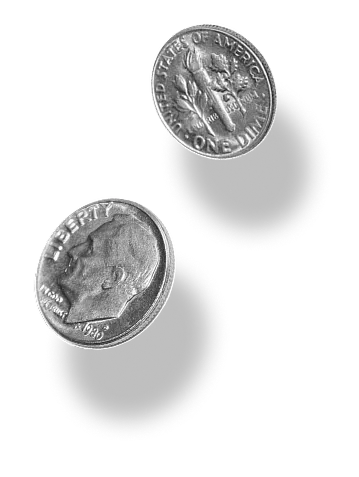 Two US dimes showing the profile of President Roosevelt and the torch with olive branch and oak branch on the reverse side.