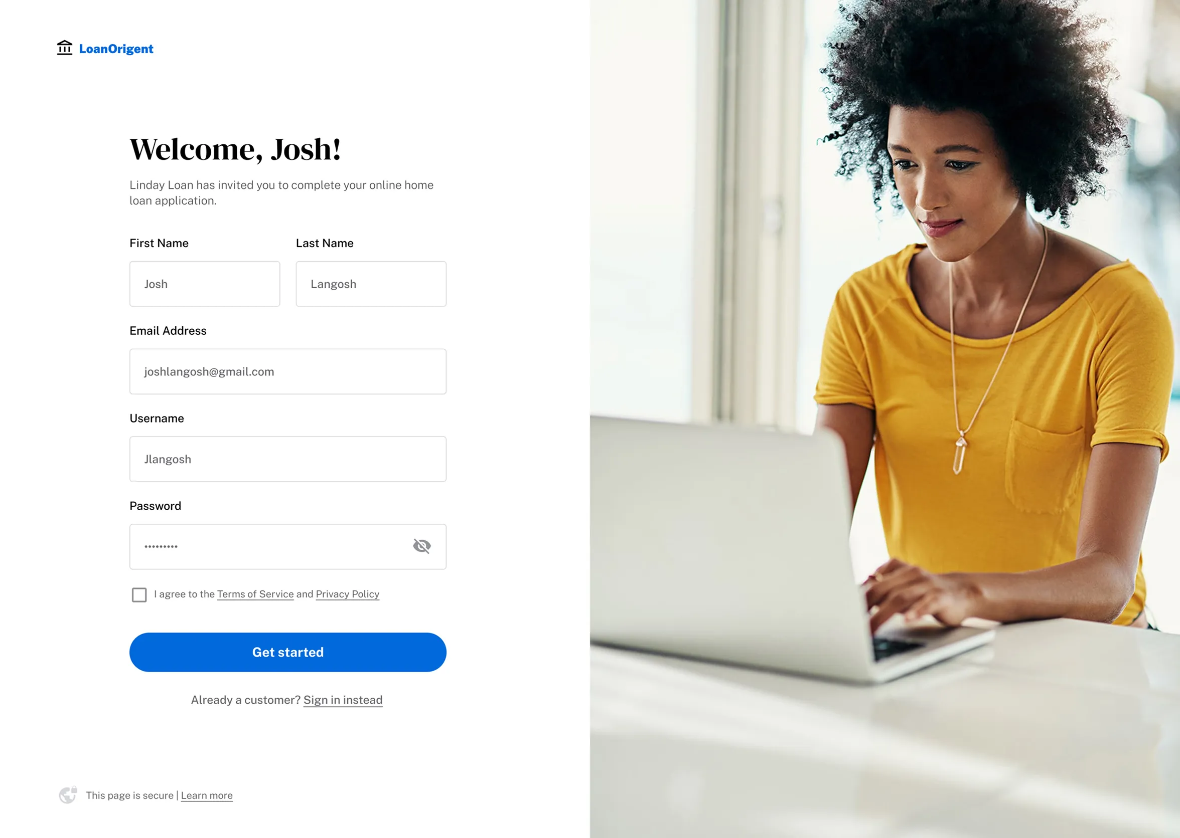 A clean web sign-up page design featuring a split-screen layout with a high-quality lifestyle image and a focused, accessible account registration form.