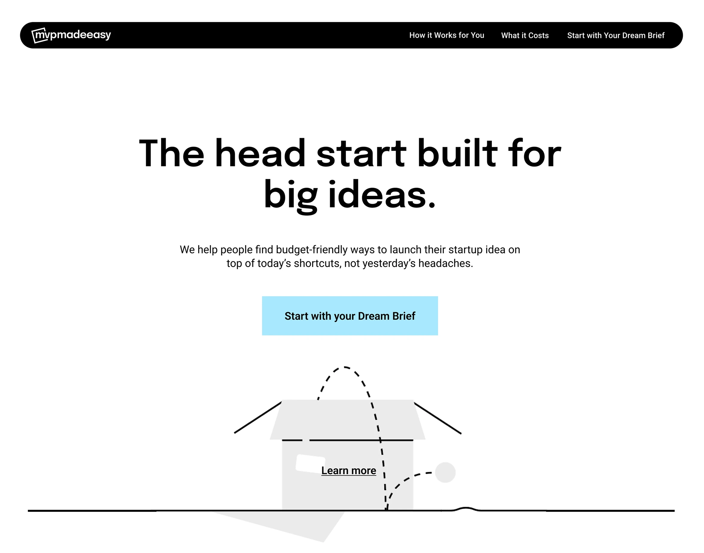 Website hero section with the text 'The head start built for big ideas' and a button labeled 'Start with your Dream Brief', above a graphic of a ball bouncing out of an open box.