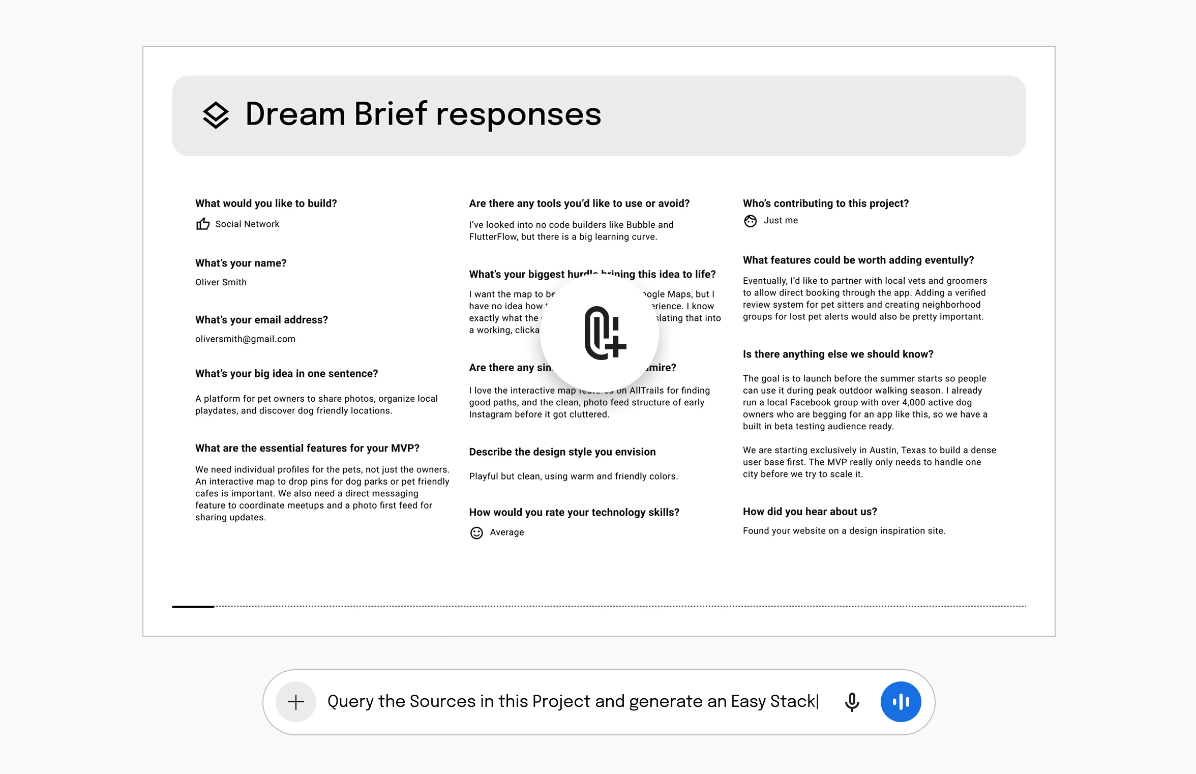 A UI layout featuring a summary and an AI query bar, demonstrating context design and the structuring of user data for LLM processing.