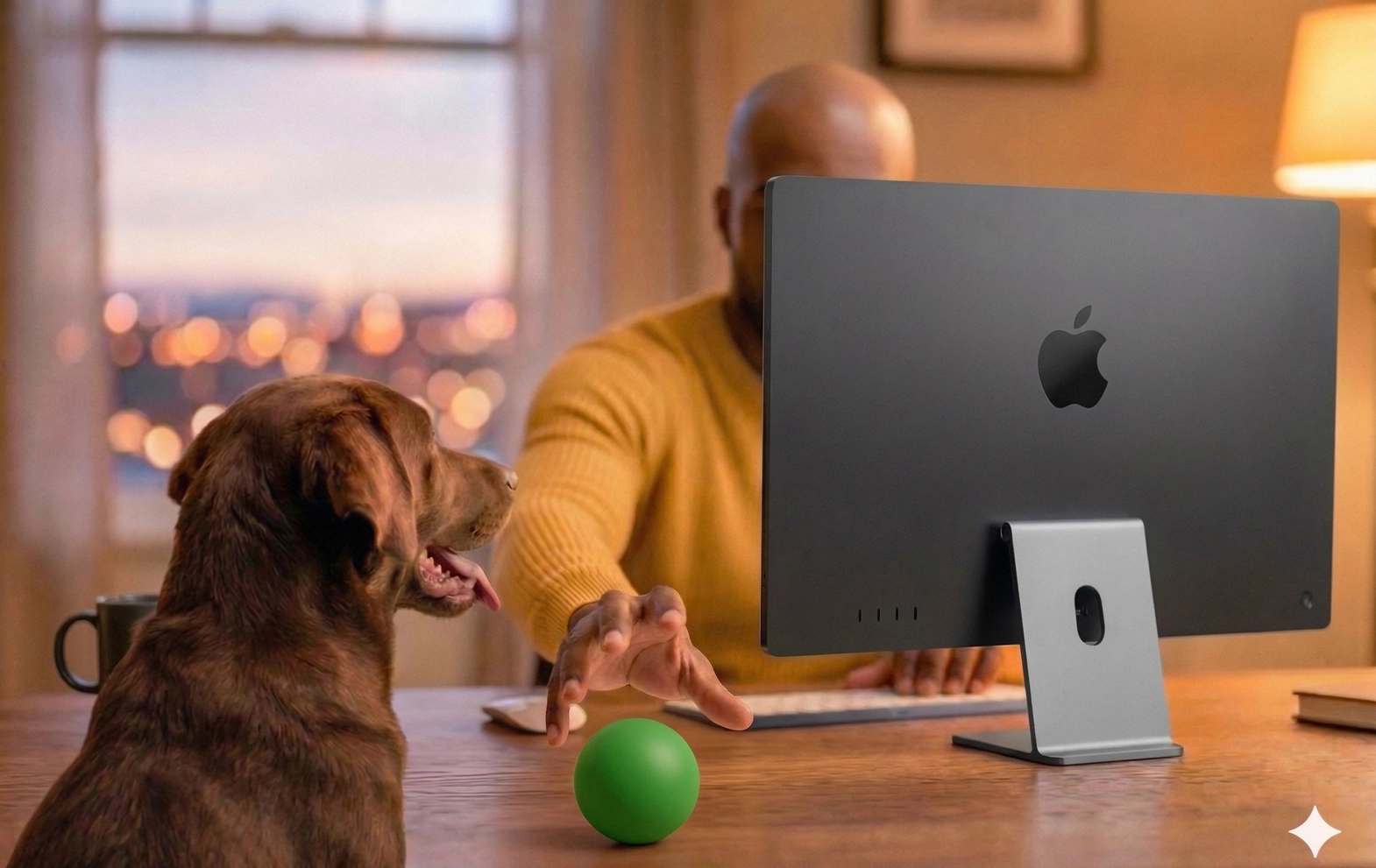 AI-generated image of a person in a yellow sweater reaching for a green ball on a desk while a mature brown dog watches beside a modern Apple desktop computer closing the narrative loop for the case study.