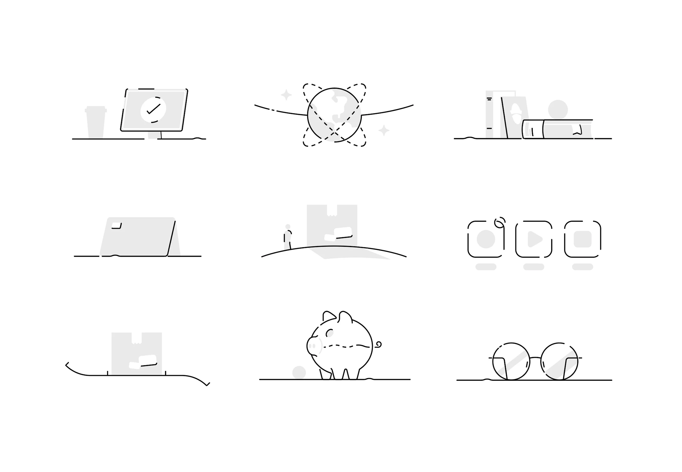 A grid of nine black and white vector illustrations, demonstrating high-fidelity execution and a cohesive visual language.