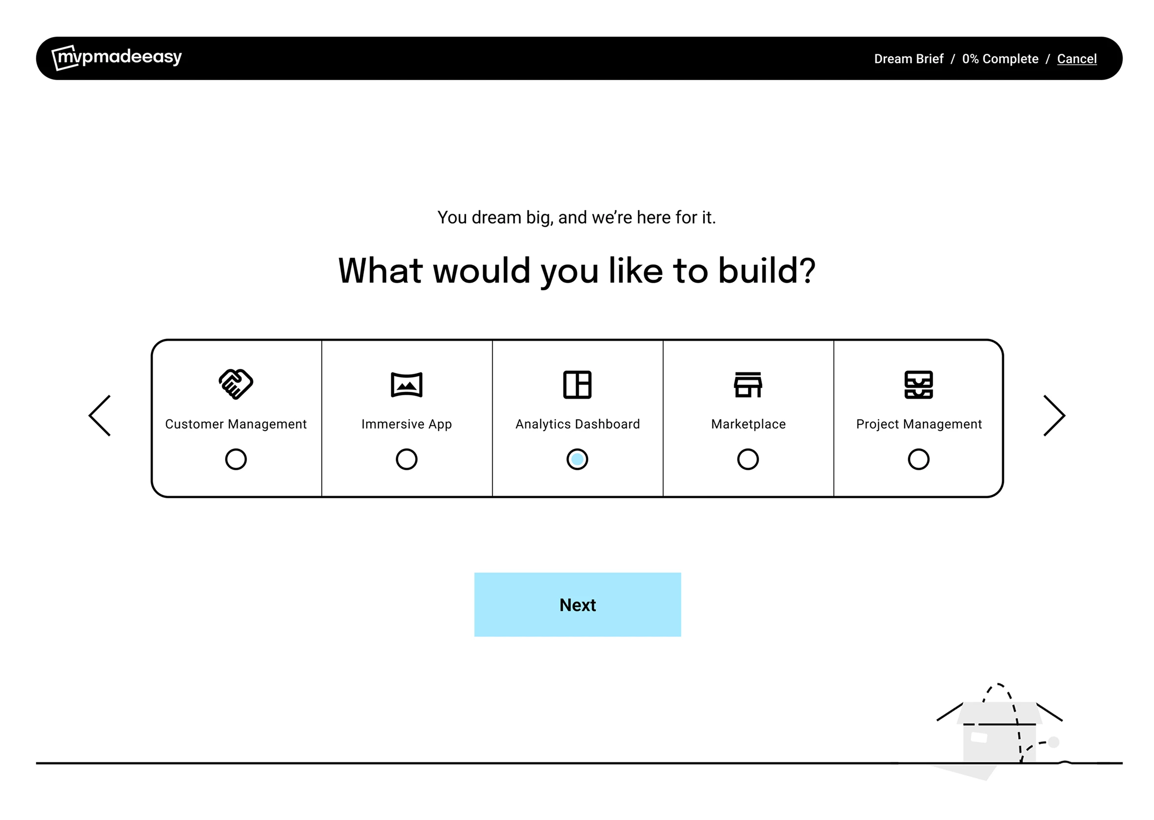 A clean onboarding UI for selecting product categories like "Analytics Dashboard" or "Marketplace," using icon-based cards to simplify complex technical choices.