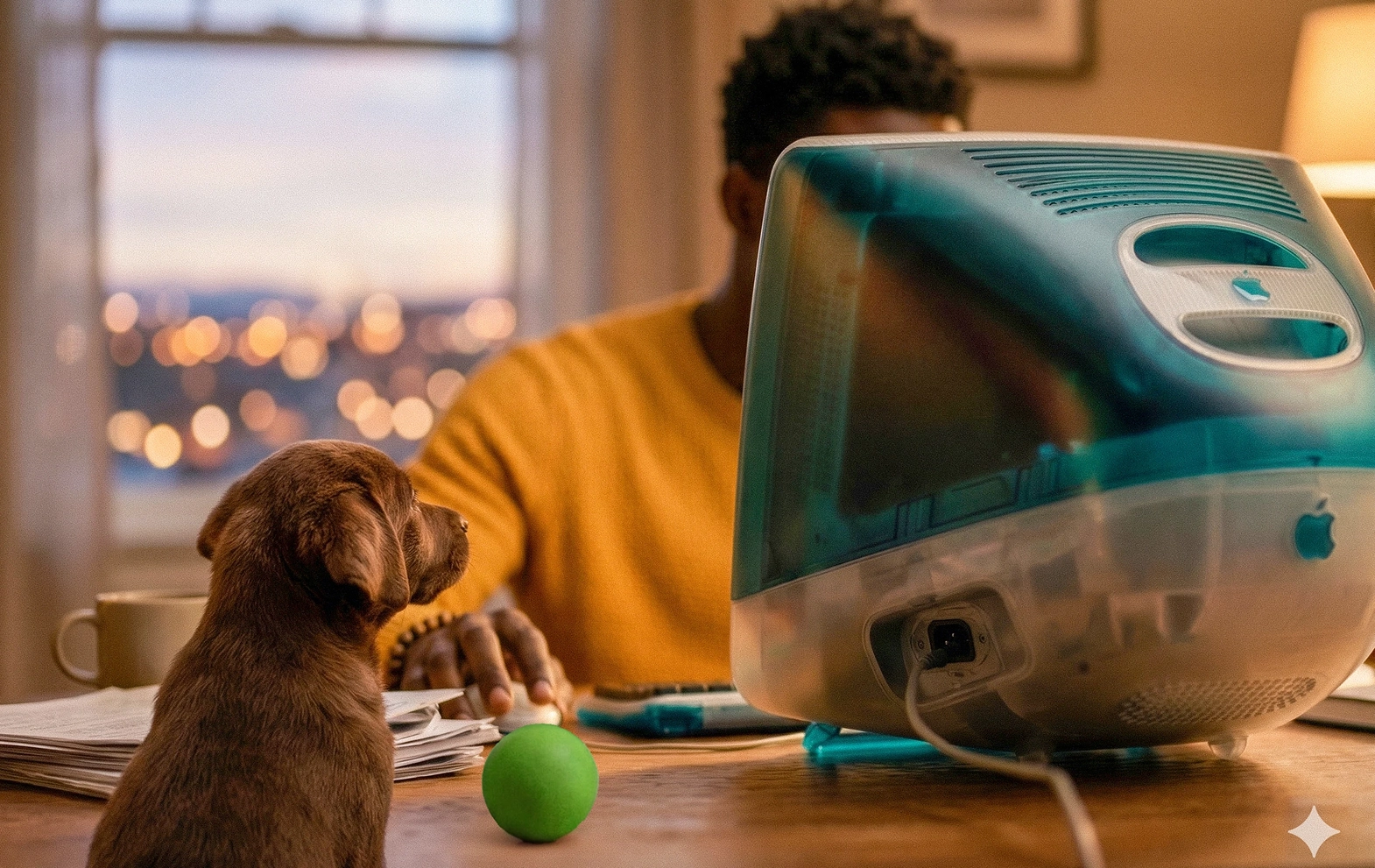 AI-generated image of a brown puppy sitting at a desk with a green ball, facing a vintage blue translucent iMac computer while a person in a yellow sweater types in the background.