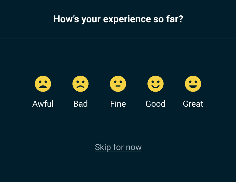 In-app satisfaction modal with range of smiley faces